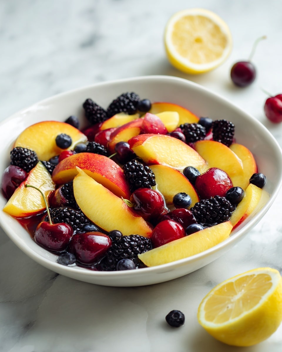 A white plate filled with a colorful fruit salad arranged in layers. The bottom layer mainly has sliced peaches and nectarines with a bright orange and red color. On top of this, there are scattered blueberries, blackberries, and some red grapes adding deep blue, black, and dark red colors. Some fresh chopped mint leaves sprinkled throughout add small green spots. The fruit pieces are shiny and fresh, placed on a white marbled surface, with a sliced lemon partially visible in the background. The photo taken with an iphone --ar 4:5 --v 7