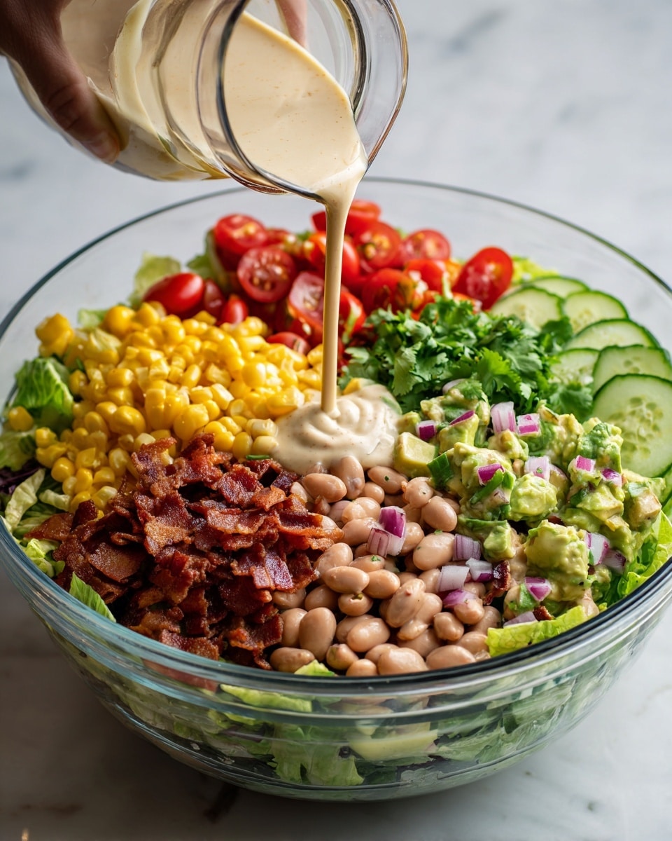 A clear glass bowl filled with a colorful layered salad sits on a white marbled surface. The bottom layer is shredded green lettuce, topped with a mix of chopped green cucumbers, black olives, pink beans, sliced cucumbers, and yellow grilled corn. There are diced red bell peppers, purple onions, and small pieces of crispy brown bacon scattered on top. Fresh green cilantro leaves are spread throughout the salad. A woman's hand is pouring a creamy, light tan dressing over the center of the salad from a glass bottle. The salad looks fresh and vibrant, with many small pieces creating a rich texture. Photo taken with an iphone --ar 4:5 --v 7