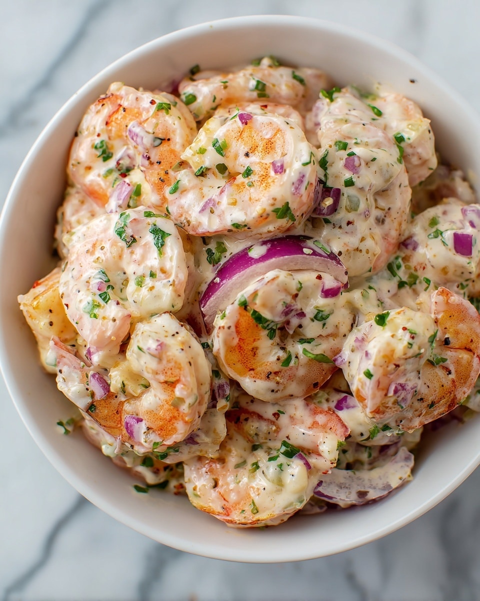 A close-up image shows a bowl filled with creamy shrimp salad. The bottom layer is a white creamy sauce speckled with finely chopped green herbs, topped with plump, orange and pink cooked shrimp scattered unevenly. Some shrimp pieces have small slices of red onion, showing a translucent purple color mixed in. The shrimp are coated lightly with the sauce, giving a shiny and moist texture. The bowl itself is white with a dark rim placed on a white marbled surface. photo taken with an iphone --ar 4:5 --v 7