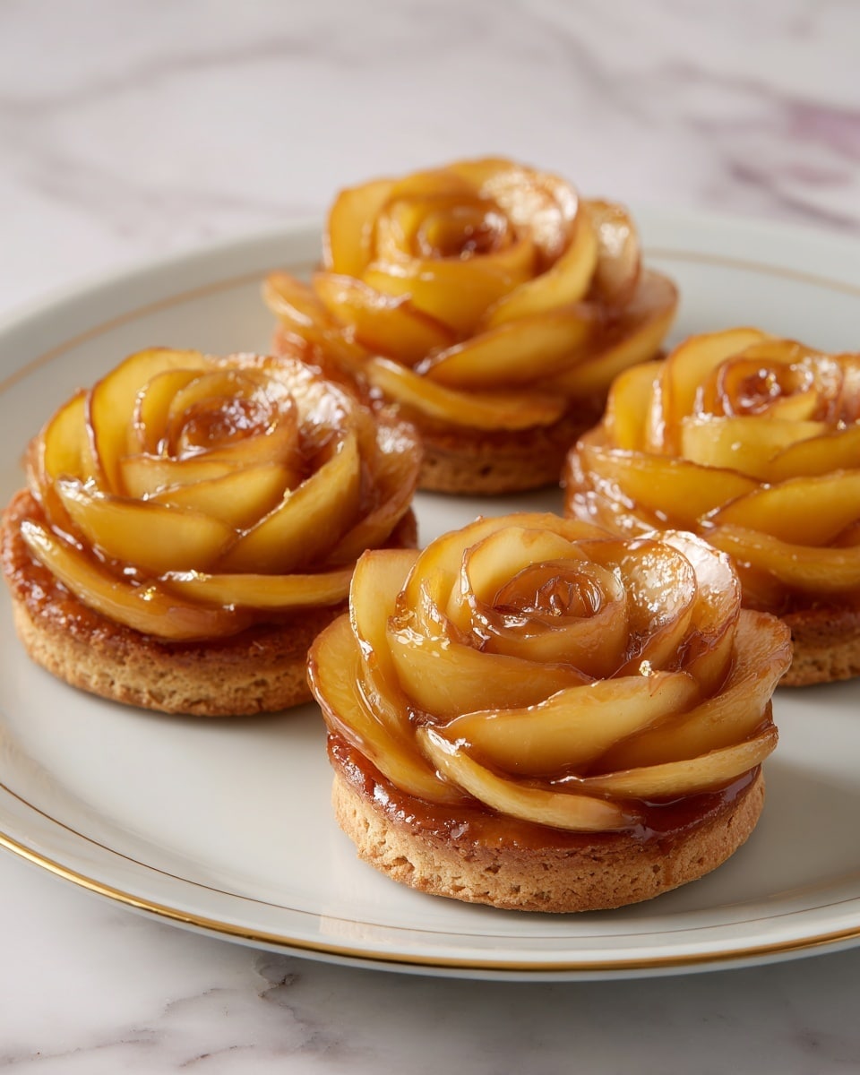 The image shows four pastries shaped like roses on a white plate with a thin gold rim, set on a white marbled surface. Each pastry has several thin, curved layers of golden-yellow apple slices arranged in a spiral to look like rose petals, with shiny caramel glaze giving a glossy finish. The base is a light brown, flaky crust holding the apple layers upright and slightly browned at the edges. The pastries have a delicate, textured look with layers visible and a warm caramel shine, making them look soft and freshly baked. Photo taken with an iphone --ar 4:5 --v 7