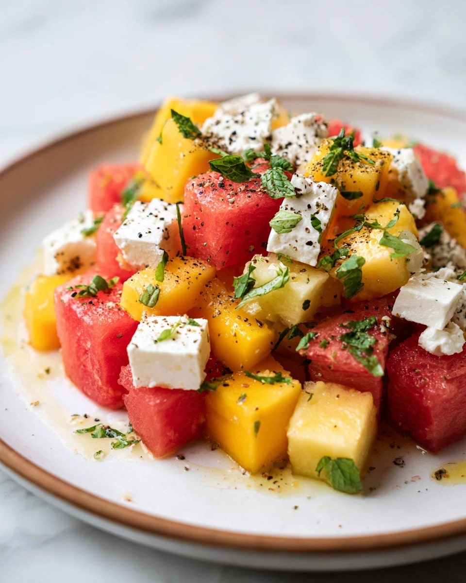 A close-up view of a colorful fruit salad on a large white plate with a brown rim, placed on a white marbled surface. The salad is made of three main layers: the bottom layer has bright yellow mango cubes with a smooth texture, the middle layer features juicy red watermelon cubes, and the top layer has small white feta cheese chunks scattered around. Fresh green chopped herbs are sprinkled evenly on top, along with a light dusting of black pepper, adding texture and contrast. The light reflects softly on the shiny, juicy fruits, making them look fresh and ripe. photo taken with an iphone --ar 4:5 --v 7