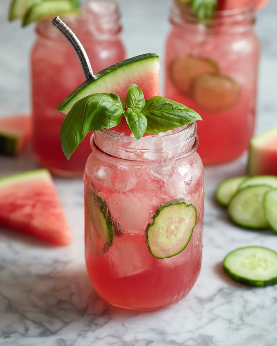The image shows a glass jar filled with a pink, ice-cold drink, with ice cubes filling most of the jar. On the rim of the jar, there is a slice of watermelon with a green rind and pink flesh, along with a curved slice of green cucumber. A fresh green basil leaf floats near the top of the drink. A metal straw is inserted into the jar from the side. The background shows blurred jars with the same drink and slices of cucumber and watermelon. The surface below the jars is a white marbled texture with pieces of watermelon scattered around. Photo taken with an iphone --ar 4:5 --v 7