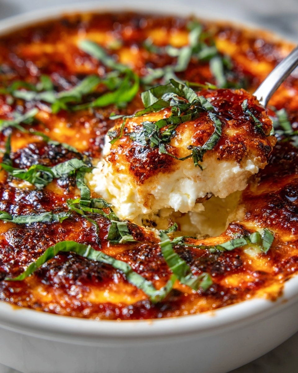 A baked dish in a white bowl with a golden, crispy layer of melted cheese on top, covered with a rich red tomato sauce and sprinkled with fresh green basil strips. A scoop is taken out, showing a creamy, white, soft cheese layer underneath the browned crust. The bowl sits on a white marbled surface, and the sauce has a slightly shiny texture with small herbs visible. The cheese beneath is smooth and looks bubbly and hot. Photo taken with an iphone --ar 4:5 --v 7
