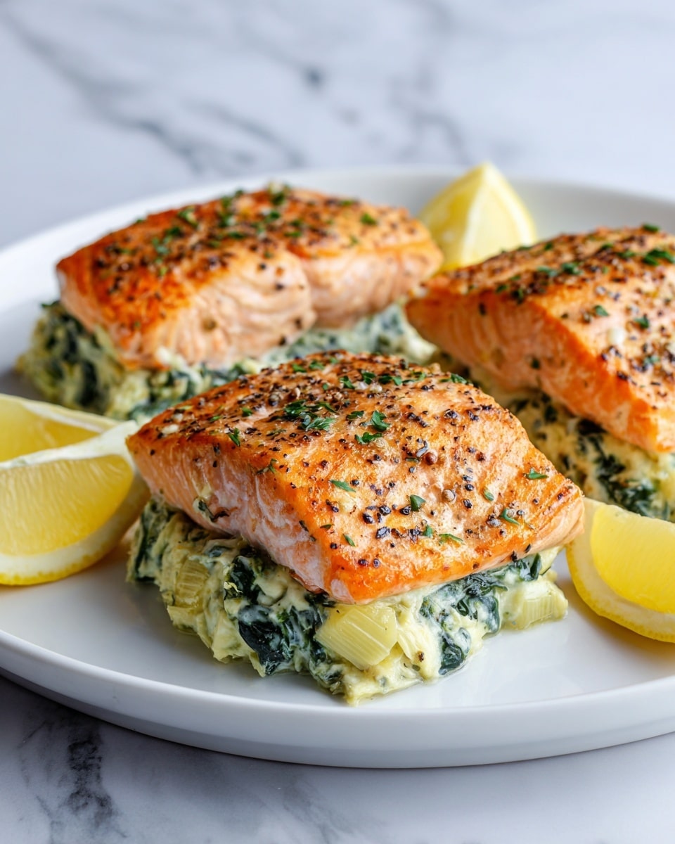 The dish shows two salmon fillets with a golden brown, crispy top layer seasoned with herbs and black pepper, sitting on a white plate. Each fillet rests on a creamy layer of spinach mixed with chunks of artichoke hearts, which adds a textured green and pale yellow base beneath the salmon. The salmon’s orange-pink flesh is visible from the side, showing its tender inside. Around the plate, there are three lemon wedges, bright yellow with a juicy texture, placed on a white marbled surface. The focus is close-up, highlighting the fish’s moist and flaky texture. photo taken with an iphone --ar 4:5 --v 7