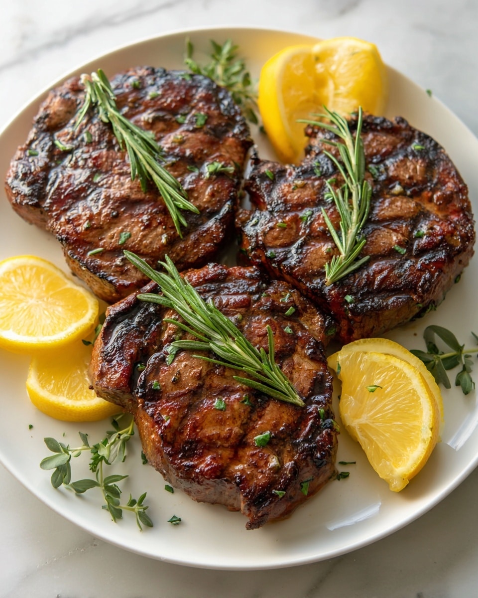 Three thick grilled steaks with dark char marks form the main layer on a white plate, their juicy brown surface glistening with oil and small bits of chopped herbs. Sprigs of fresh green rosemary lie on top of the steaks, adding texture and color. Around the edges of the plate are bright yellow lemon wedges with a juicy interior, and small green herb leaves scattered nearby. The background is a white marbled surface. Photo taken with an iphone --ar 4:5 --v 7
