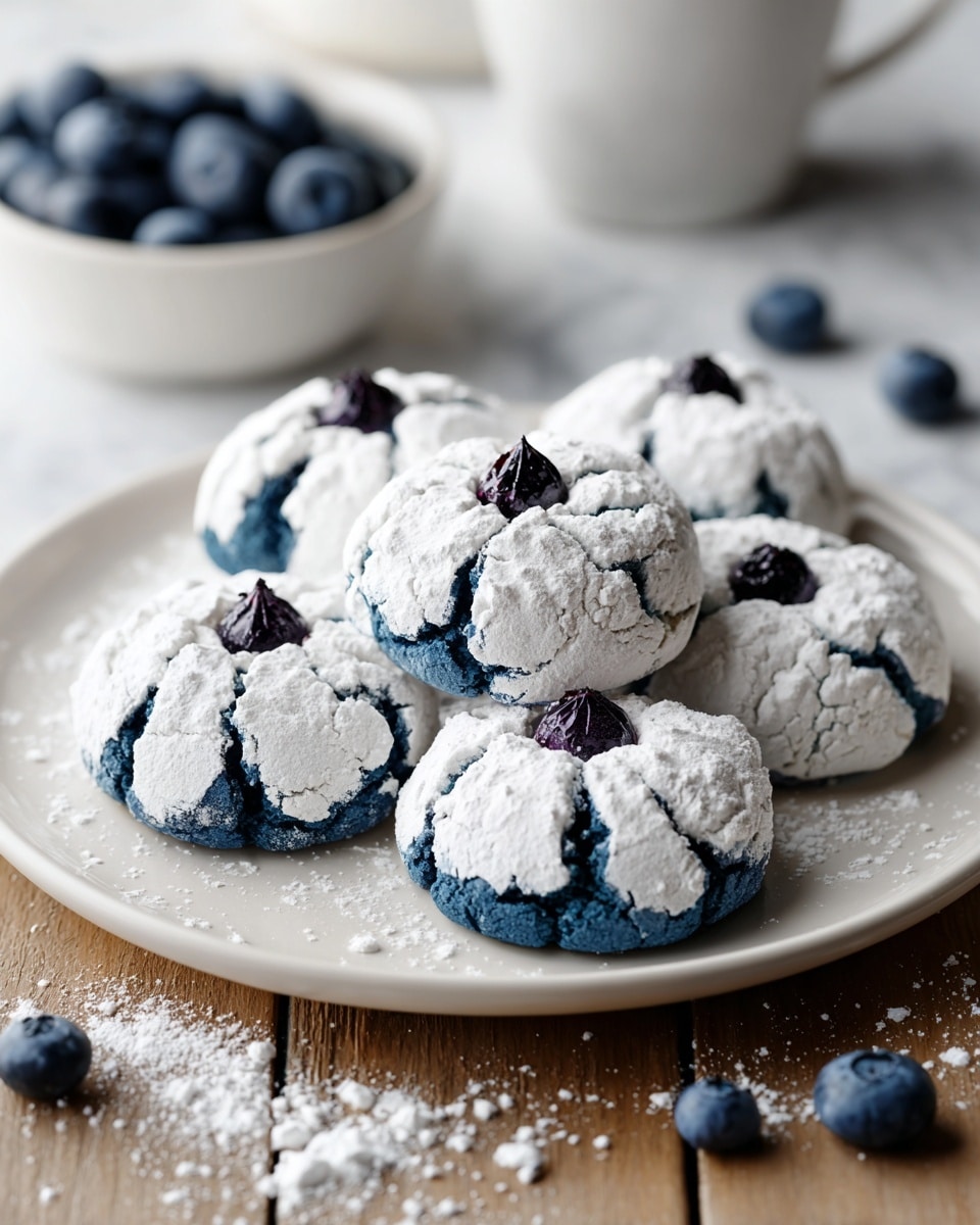 The image shows a white plate holding eight round cookies with two distinct layers. The bottom layer is a deep blue color with a cracked texture, while the top layer is dusted heavily with white powdered sugar, giving a rough and crackled look. Each cookie has three small, dark blueberry-like pieces placed in a triangle pattern on top, adding dark purple-blue spots against the white and blue surface. The plate is set on a wooden table with scattered powdered sugar and fresh blueberries around it, and a white bowl with more blueberries can be seen blurred in the background on a white marbled surface. photo taken with an iphone --ar 4:5 --v 7