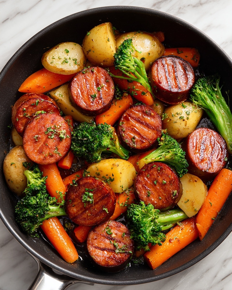 A black pan filled with cooked baby carrots, small round yellow potatoes cut in half, bright green broccoli florets, and thick round slices of browned sausage with a shiny glaze, all mixed and sprinkled with chopped green herbs, sitting on a white marbled surface. The vegetables and sausage have a slightly charred, caramelized texture, with the sausages showing grill marks. photo taken with an iphone --ar 4:5 --v 7