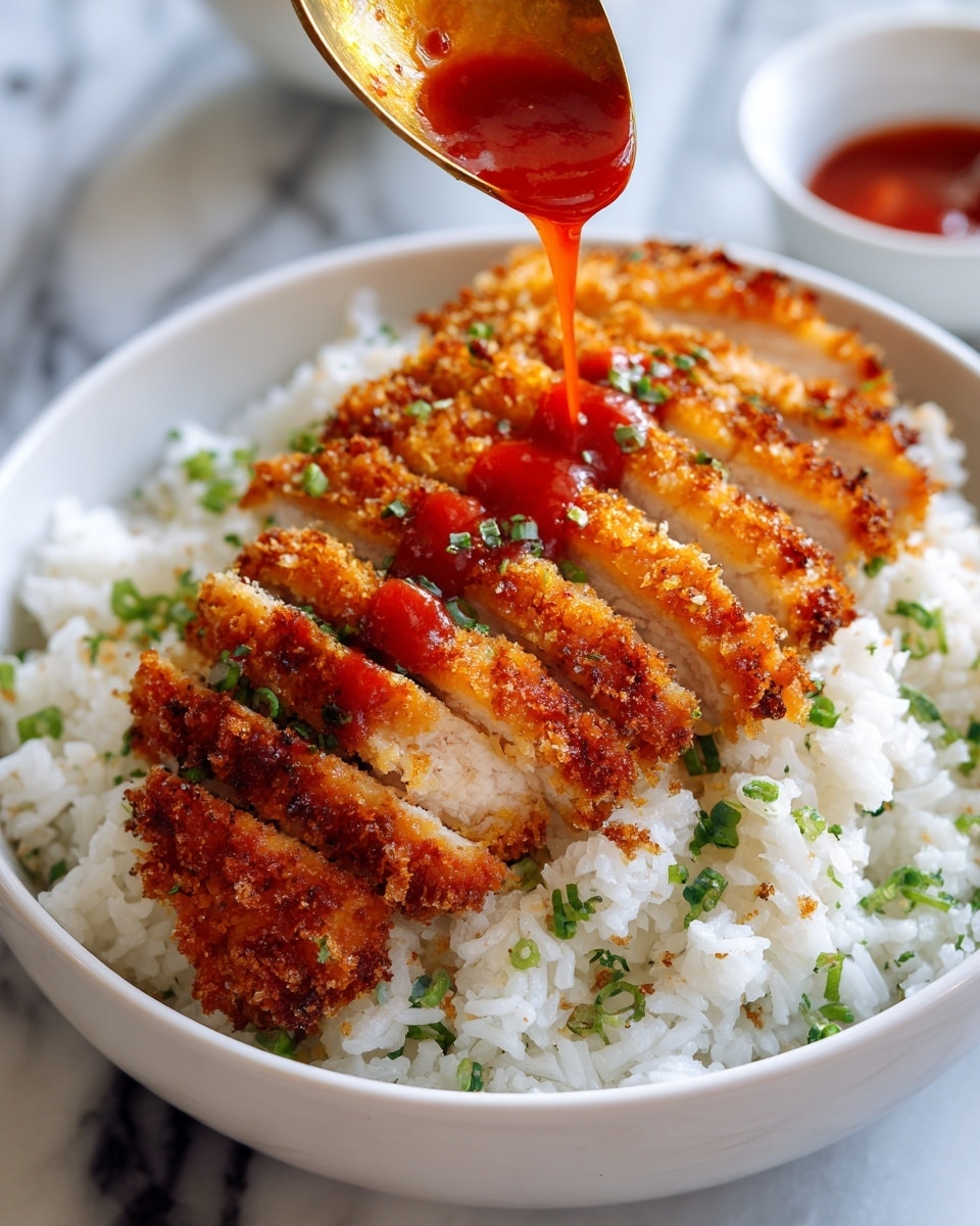 A white bowl contains a layer of white rice sprinkled with small green chopped herbs, surrounding slices of crispy golden brown fried chicken arranged in a neat row across the center. A gold spoon held by a woman's hand is pouring a thick, glossy red sauce over the middle of the chicken slices. In the background, a small white bowl with extra red sauce is seen. The scene is set on a white marbled surface. photo taken with an iphone --ar 4:5 --v 7