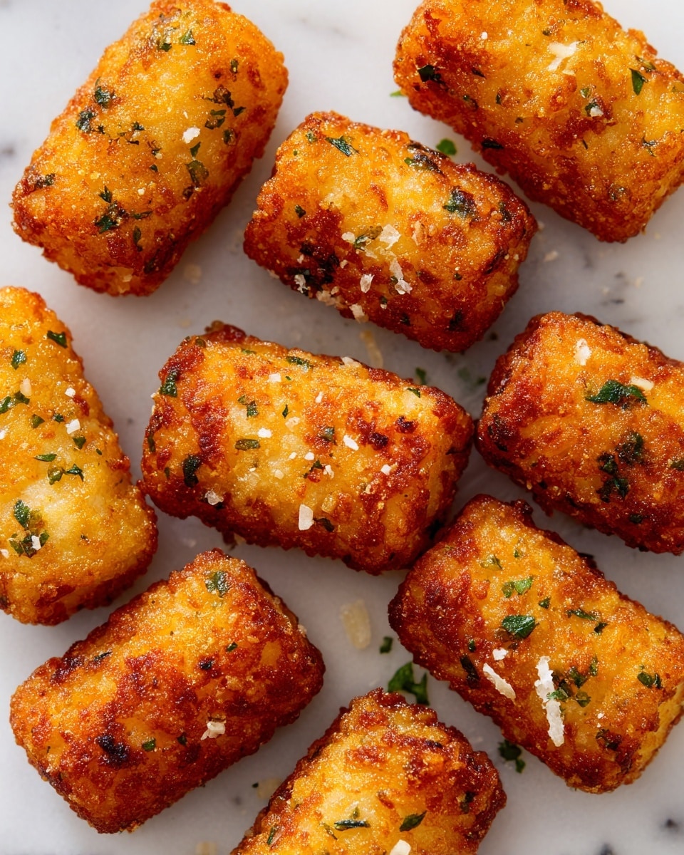 The image shows several golden-brown tater tots with a crispy texture, scattered on white parchment paper over a white marbled surface. Each tater tot is roughly cylindrical with a rough, crunchy outer layer, speckled with small green herb pieces and white salt flakes. The tater tots have a warm, inviting color with some spots appearing deeper golden and slightly browned, giving them a crunchy look. There is no plate or bowl visible, only the close-up view of the tots on the white parchment. photo taken with an iphone --ar 4:5 --v 7