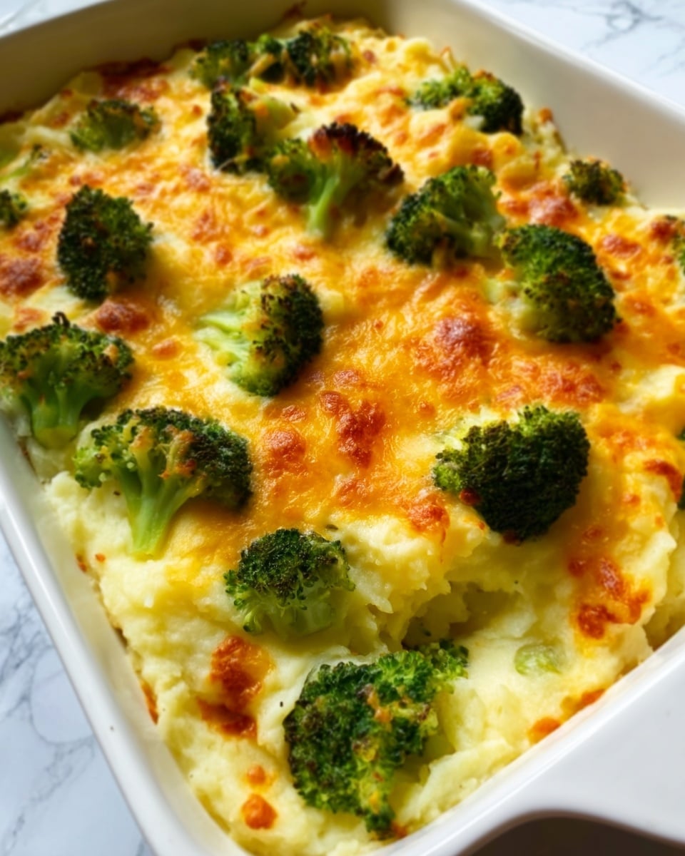 A white rectangular dish filled with a baked casserole. The base layer is creamy mashed potatoes mixed with green broccoli pieces throughout. On top is a thick, golden-yellow melted cheese layer, browned in some spots, with whole broccoli florets scattered evenly across the surface. The edges of the dish show some bubbling cheese. The background is a white marbled surface. Photo taken with an iphone --ar 4:5 --v 7