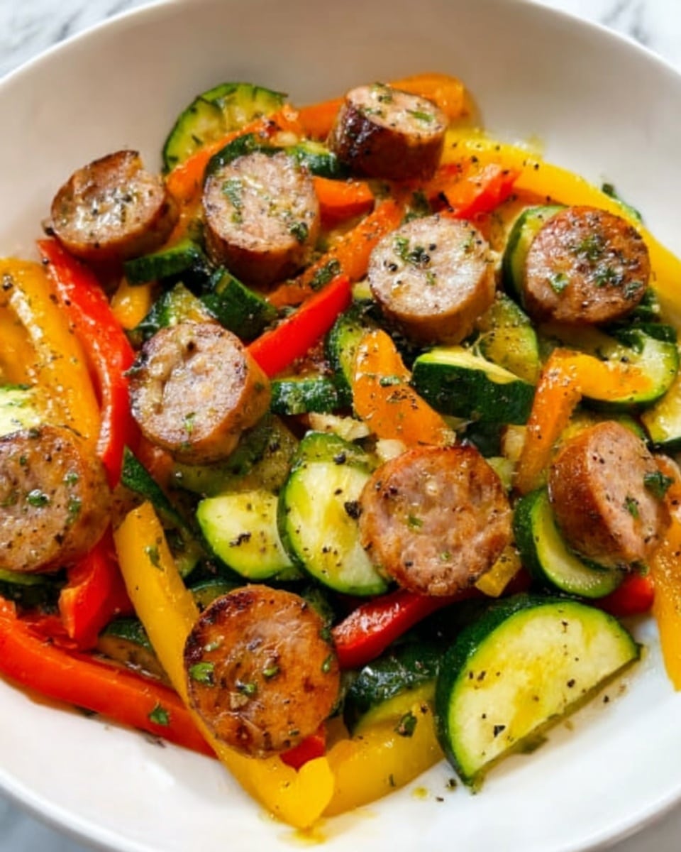 The image shows a white plate filled with a colorful sausage stir-fry. On the bottom, there are sliced green, yellow, and orange bell peppers with a shiny, cooked texture. Mixed in are pieces of sautéed dark green spinach leaves. On top, there are several round, light brown sausage slices with visible black pepper seasoning on their surface. The whole dish looks glossy from light oil and cooked juices. The background is a white marbled surface. photo taken with an iphone --ar 4:5 --v 7