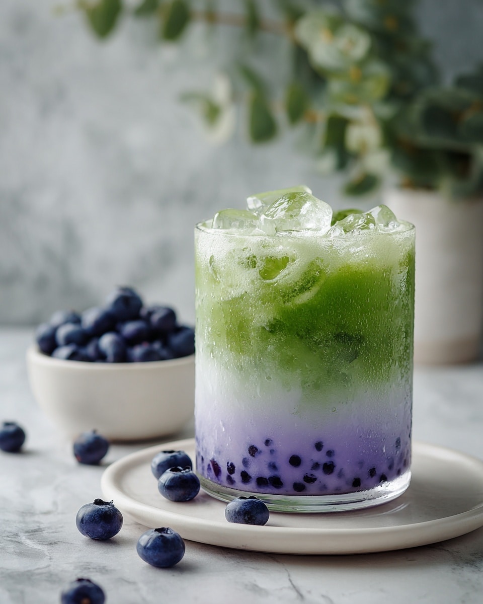 A clear glass contains a two-layer iced drink placed on a small white round plate over a white marbled surface. The bottom layer is thick and smooth, light purple in color, filling about half the glass. The top layer is a vibrant green, with visible ice cubes and a frothy green foam on top, making the drink refreshing. Scattered fresh blueberries lie on the white marbled surface near the glass, and a small white bowl filled with blueberries sits in the background, along with some blurred green leafy herbs, creating a fresh and natural setting. Photo taken with an iphone --ar 4:5 --v 7