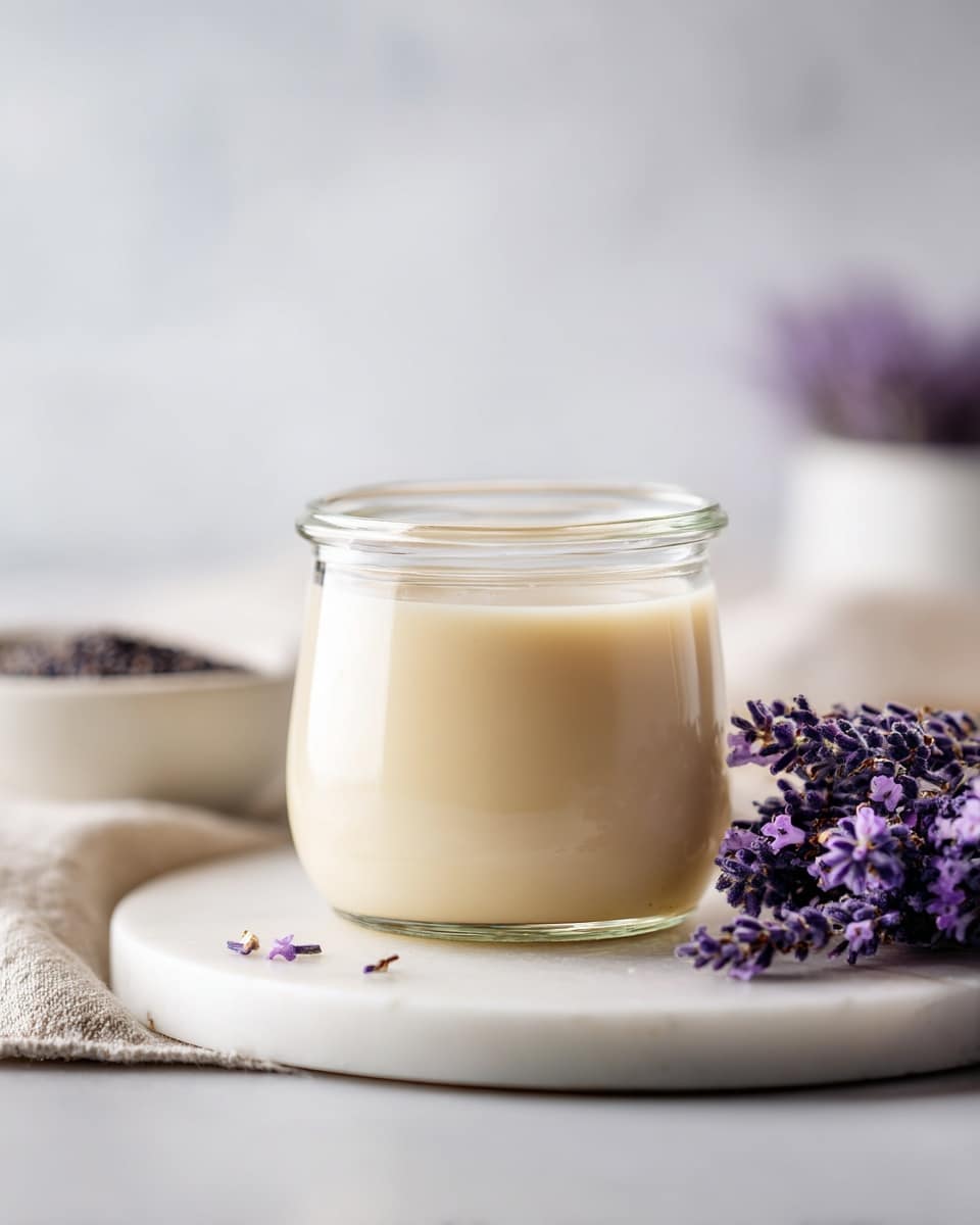 A clear glass jar filled almost to the top with a creamy beige liquid, resting on a round white marble board. The jar shows a smooth texture of the drink inside, with small bubbles visible on the surface. In the background to the left, there is a small white bowl containing dark brown seeds, with some seeds scattered on the marble board. In the foreground to the right, there is a soft focus of light purple flowers adding a gentle touch to the scene. The overall setting is bright with a clean white marbled surface and soft natural lighting. photo taken with an iphone --ar 4:5 --v 7