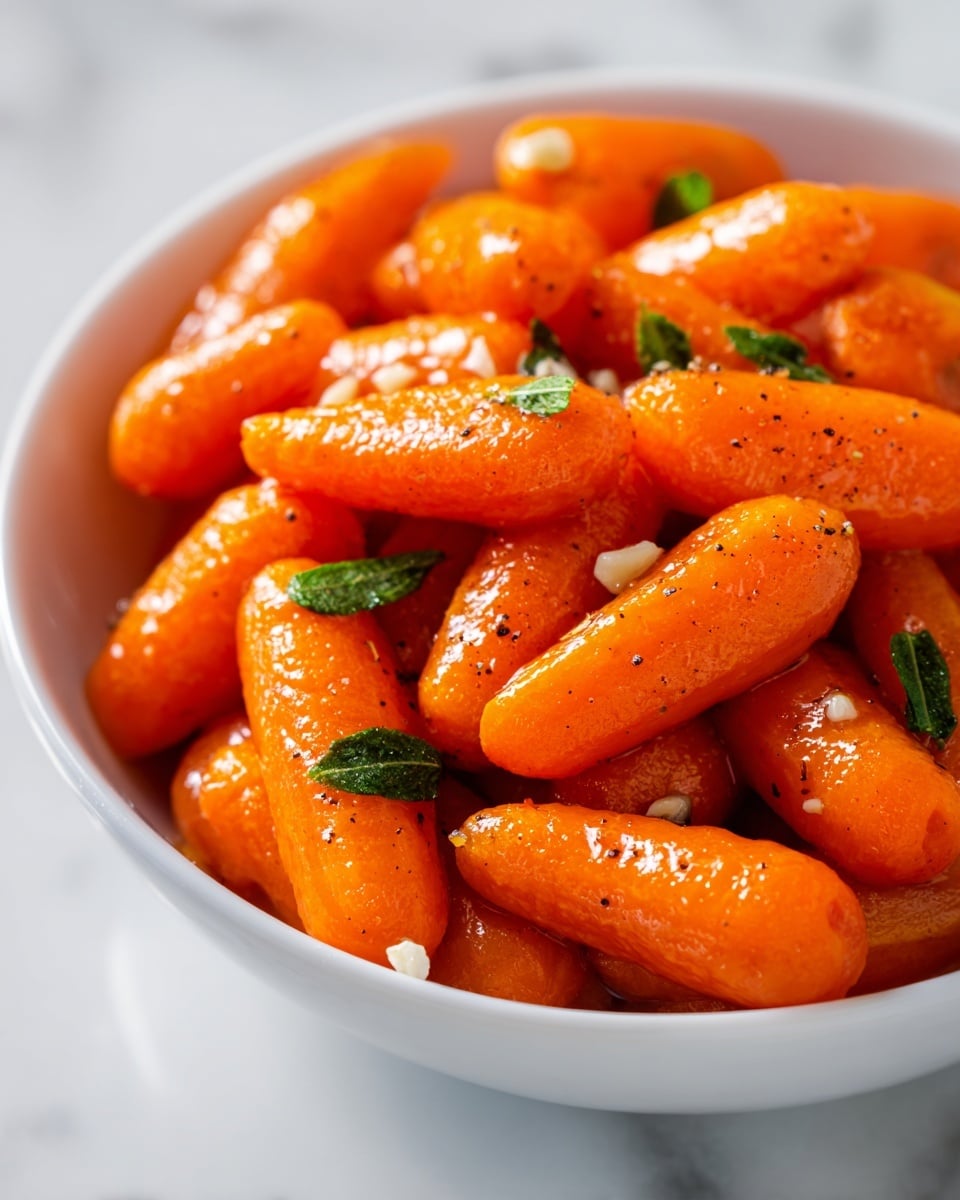 A white bowl filled with vibrant orange cooked baby carrots, coated in a shiny glaze that makes them look moist and tender. The carrots are sprinkled with coarse black pepper and small white garlic bits, adding texture and contrast. A few fresh green herb leaves rest on top, giving a fresh touch. The bowl sits on a white marbled surface, with soft light highlighting the carrot's natural sheen and seasoning. Photo taken with an iphone --ar 4:5 --v 7