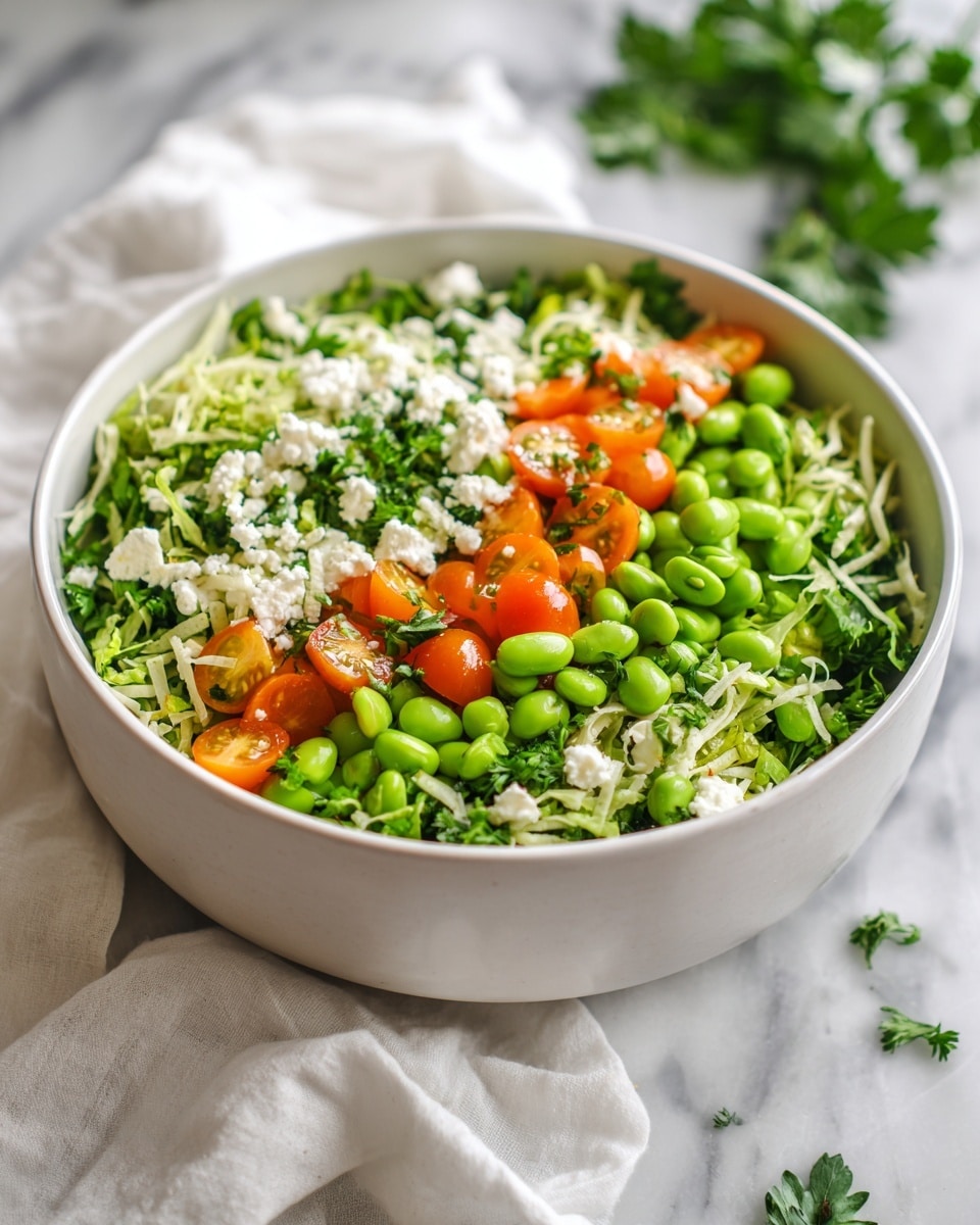 A white bowl filled with a fresh salad featuring a mix of green edamame beans, bright green chopped leafy herbs, thin beige strips of tortilla, and halved small orange cherry tomatoes scattered on top, all sprinkled with small white crumbles of cheese. The bowl sits on a white marbled surface with a white cloth partially underneath and a small white bowl with white crumbs blurred in the background, along with some fresh green herbs nearby. Photo taken with an iphone --ar 4:5 --v 7