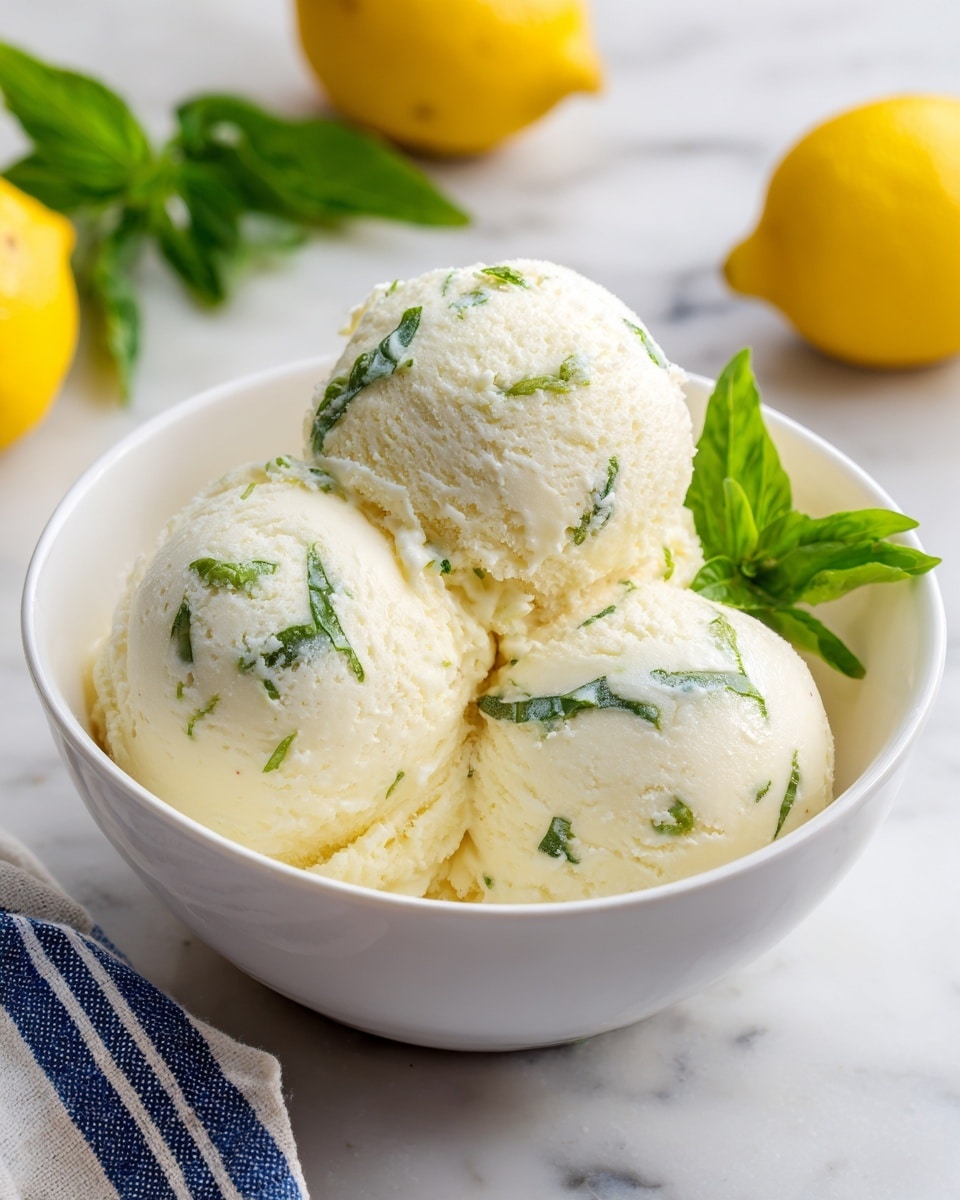 The image shows a white bowl filled with three scoops of yellow lemon ice cream, each scoop has thin green streaks of basil running through it. The ice cream looks creamy with a slightly rough texture on the edges, and the bowl is garnished with fresh green basil leaves on the side. The bowl sits on a white marbled surface with a light blue-striped cloth partially visible nearby. There are two blurred yellow lemons in the background that add a fresh, bright feel to the image. Photo taken with an iphone --ar 4:5 --v 7