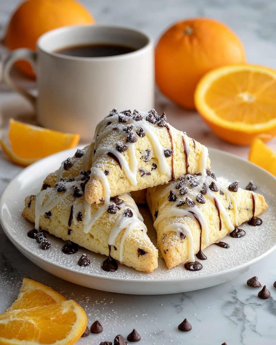 The image shows three triangular cookies with a yellowish soft outer layer and a rich dark chocolate filling inside, arranged in a small pile on a white plate. The top of each cookie is drizzled with white icing and sprinkled with chocolate chips, while powdered sugar dusts the overall cookie surface. There are drops of melted chocolate on the white plate beneath the cookies. Around the plate, there are orange slices and whole oranges placed on a white marbled surface in the background. A white cup filled with a dark liquid sits behind the oranges, slightly out of focus. photo taken with an iphone --ar 4:5 --v 7