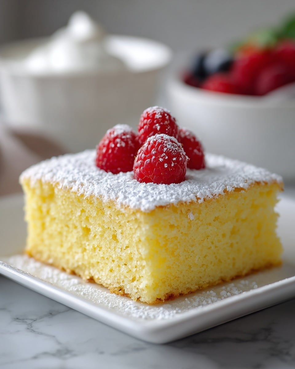 A square piece of yellow sponge cake with a soft, light texture sits on a white square plate. The top layer is dusted with fine white powdered sugar, and three bright red raspberries rest neatly in the center. The background is a white marbled surface with soft lighting highlighting the cake's fluffy texture. In the back, a blurred white bowl with cream and a bowl of berries can be seen. photo taken with an iphone --ar 4:5 --v 7