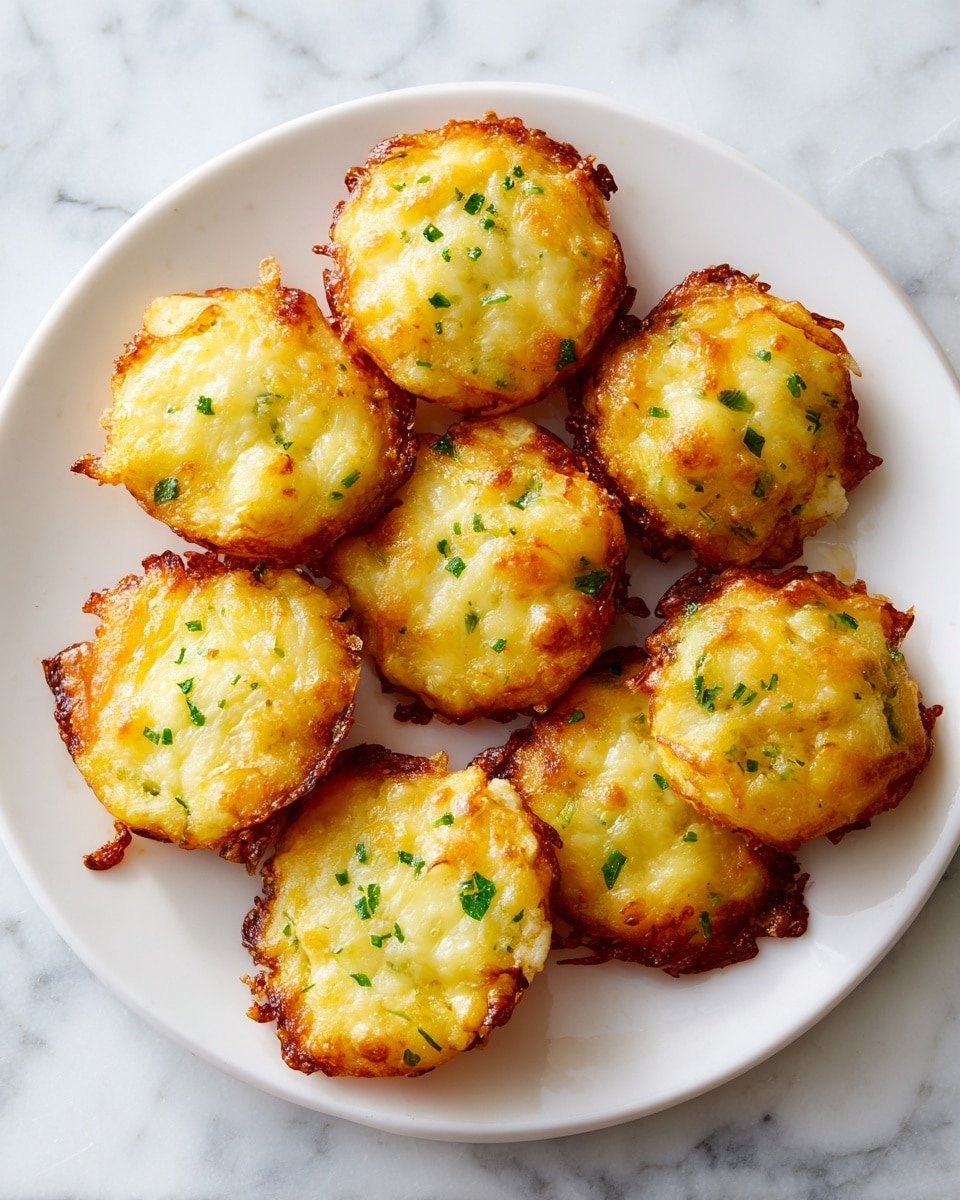 A white plate holds eight golden brown, crispy, bite-sized fritters arranged loosely, each topped with a melted layer of light yellow cheese with some green bits visible underneath. The fritters have a rough, crunchy edge and a textured surface with a glossy melted cheese topping, slightly browned in spots. The plate rests on a white marbled texture surface. photo taken with an iphone --ar 4:5 --v 7