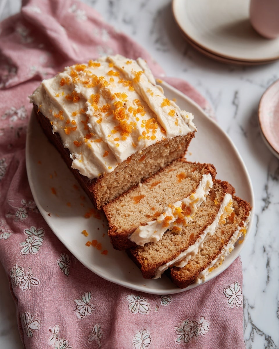A white plate holds a loaf of carrot cake cut into three slices. The cake has two main layers: the base layer is light brown with visible small orange carrot pieces and darker nut bits throughout its crumbly texture, while the top layer features a smooth, creamy white frosting spread evenly with some orange carrot sprinkles scattered on top. The edges of the loaf show a slightly darker, crisp crust. The plate sits on a pink cloth with white floral patterns, all set against a white marbled surface. photo taken with an iphone --ar 4:5 --v 7