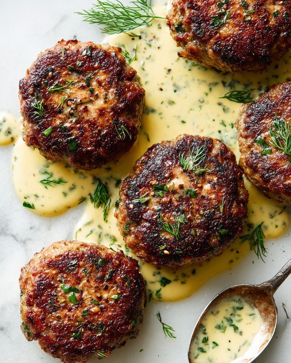The image shows four round, golden-brown cooked patties with a crispy texture on top, sitting in a creamy beige sauce sprinkled with green herb bits. One of the patties is slightly cut open. A white spoon resting on the surface holds some of the sauce and is partially covered by a sprig of fresh dill, with more dill placed between the patties. The scene is set on a white marbled surface. Photo taken with an iphone --ar 4:5 --v 7
