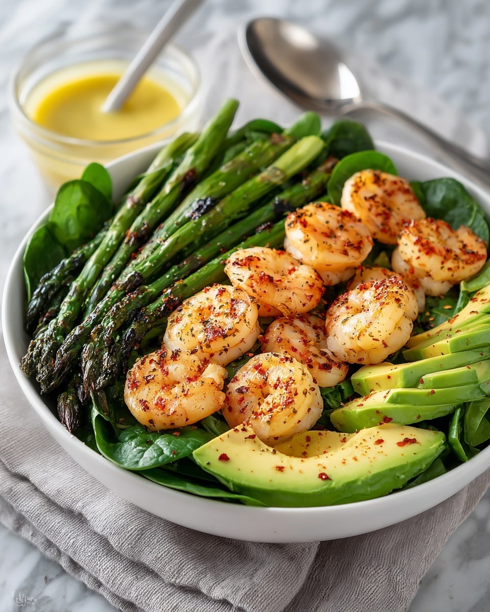 A white bowl holds a fresh salad with three main layers: the bottom layer is dark green spinach leaves, the middle layer is light green avocado slices scattered evenly, and the top layer features six well-cooked shrimp with a light orange color and seasoning, alongside six bright green grilled asparagus spears placed diagonally across the bowl. The bowl is on a light gray cloth with a blurred glass dish holding a small amount of dressing and a spoon in the background against a white marbled texture. photo taken with an iphone --ar 4:5 --v 7