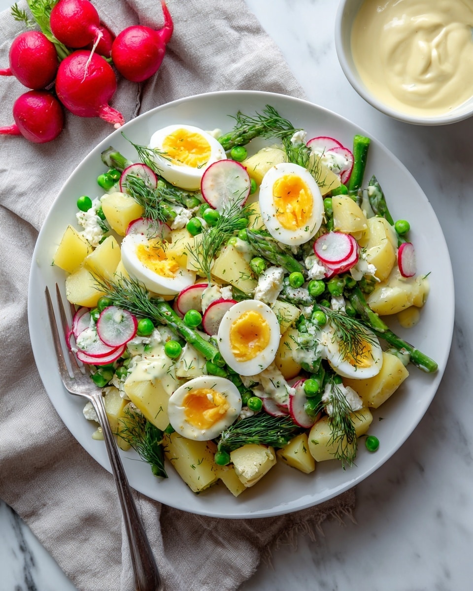 A white plate on a white marbled surface holds a fresh salad with five halved soft-boiled eggs showing bright yellow yolks on top. Underneath, there are green asparagus spears, light yellow potato chunks, small green peas, thin round slices of pink radish, and small white crumbles of cheese. Fresh dill sprigs are scattered across the salad, adding a touch of light green detail. A silver fork rests on the right side of the plate, and a whole radish is placed near the top left corner. A gray cloth napkin is beneath the plate, and on the right edge, a bowl of light yellow butter is partially visible. photo taken with an iphone --ar 4:5 --v 7