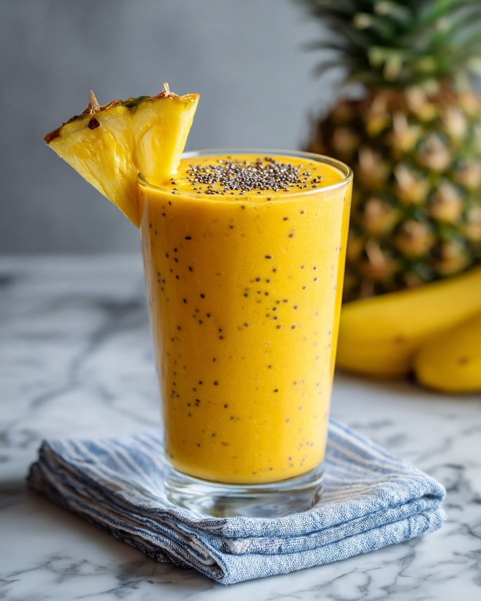 A tall clear glass filled with a smooth, thick yellow-orange smoothie with tiny dark specks inside. The top layer is sprinkled with small black chia seeds. A fresh yellow pineapple wedge with brown edges is placed on the rim of the glass. The glass sits on a blue and white striped cloth on a white marbled surface. In the blurry background, there are a few yellow bananas and a pineapple visible. Photo taken with an iphone --ar 4:5 --v 7