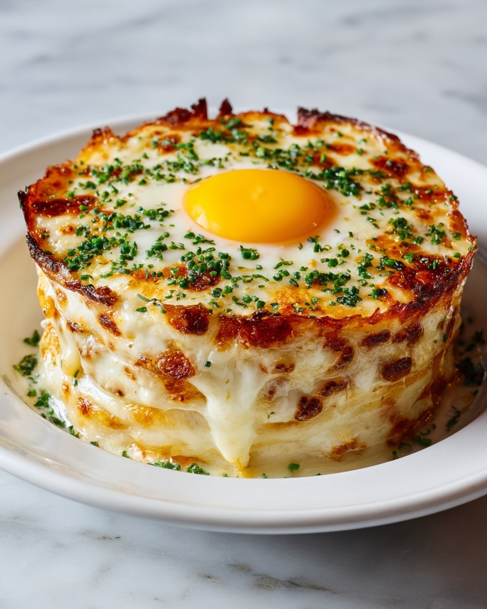 The image shows a round dish with a crispy, golden-brown outer layer that looks like fried or baked potato or hash brown with some melted cheese visible on the edges. Inside this ring, there is a perfectly cooked sunny-side-up egg with a bright yellow yolk and some green herbs sprinkled on top for decoration. The dish is served in a white bowl placed on a white marbled surface. The textures vary from crunchy and browned on the outside to soft and smooth with the egg in the center. Photo taken with an iphone --ar 4:5 --v 7