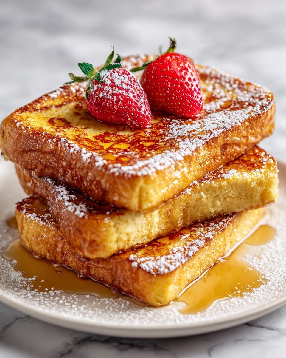 A white plate on a white marbled surface holds two thick slices of golden-brown French toast stacked on top of one another. The toast has a soft, fluffy inside with a slightly crispy, caramelized crust. Light powdered sugar is dusted over the top slice, and three bright red strawberries sit neatly on it. Rich amber syrup drizzles over the toast, pooling slightly around the base and shining softly in the light. photo taken with an iphone --ar 4:5 --v 7