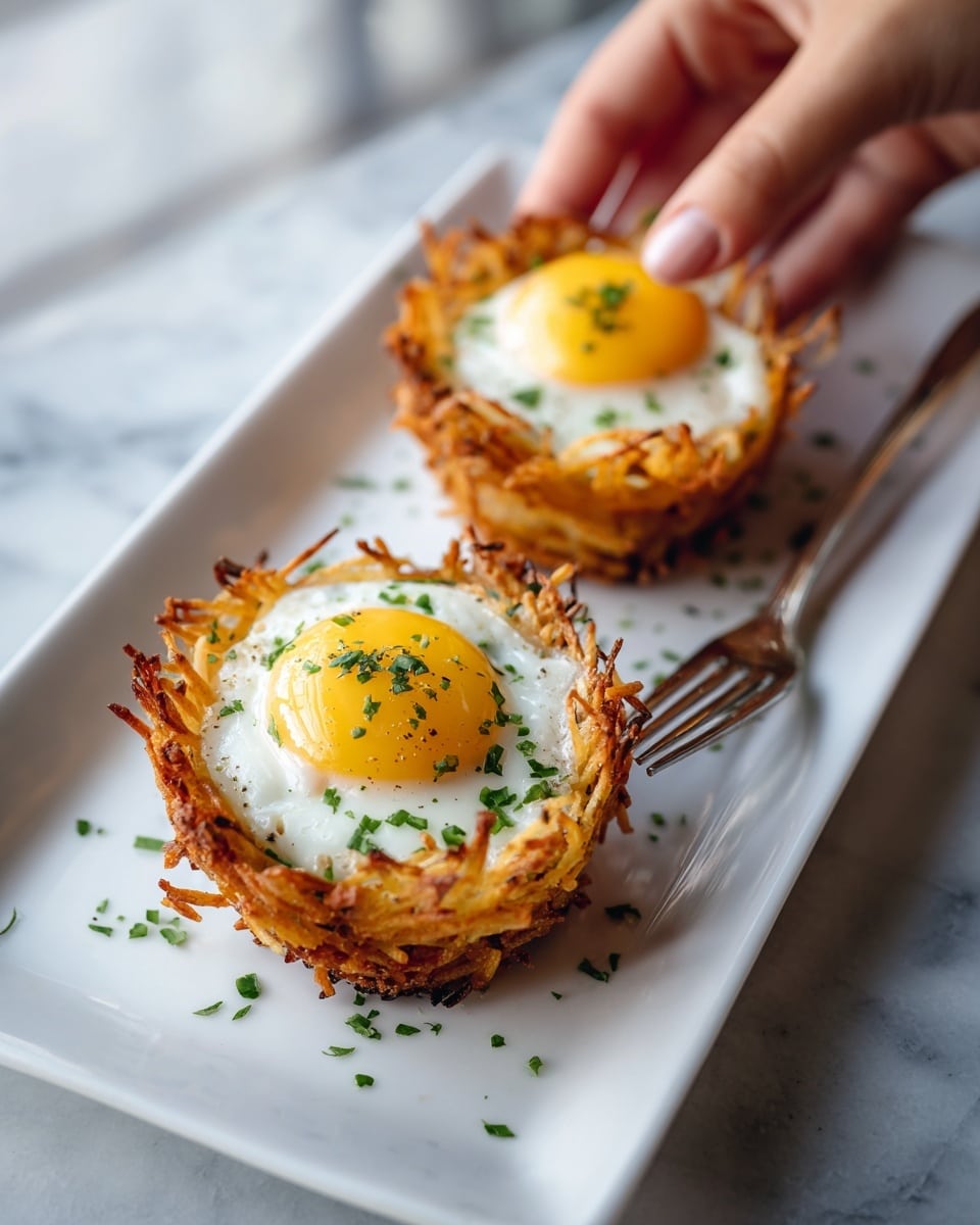 The image shows two crispy potato nests on a white rectangular plate, each with a perfectly cooked sunny-side-up egg in the center. The potato nests have a golden-brown color and a crunchy texture with some rough edges. The egg yolks are bright orange-yellow, glossy and smooth, while the whites look soft and slightly fluffy, surrounding the yolks gently. Small green herb pieces are sprinkled on top of the eggs and around the plate, adding a fresh touch. The plate sits on a white marbled surface with a blurred fork and knife in the background. Photo taken with an iphone --ar 4:5 --v 7