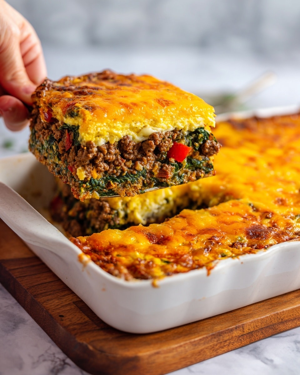 A golden-brown casserole with a thick, cheesy top layer that has melted and slightly browned cheddar cheese, sprinkled with small pieces of cooked sausage and bits of red bell pepper, all sitting in a white baking dish on a white marbled surface. The casserole shows visible layers underneath the cheese, including a light yellow egg mixture mixed with green flecks of herbs or spinach. A slice is being lifted out with a wooden spatula by a woman's hand, revealing the soft, moist inside and the layers well packed together. The colors contrast nicely with the white dish and background, making the warm tones of the food stand out. Photo taken with an iphone --ar 4:5 --v 7