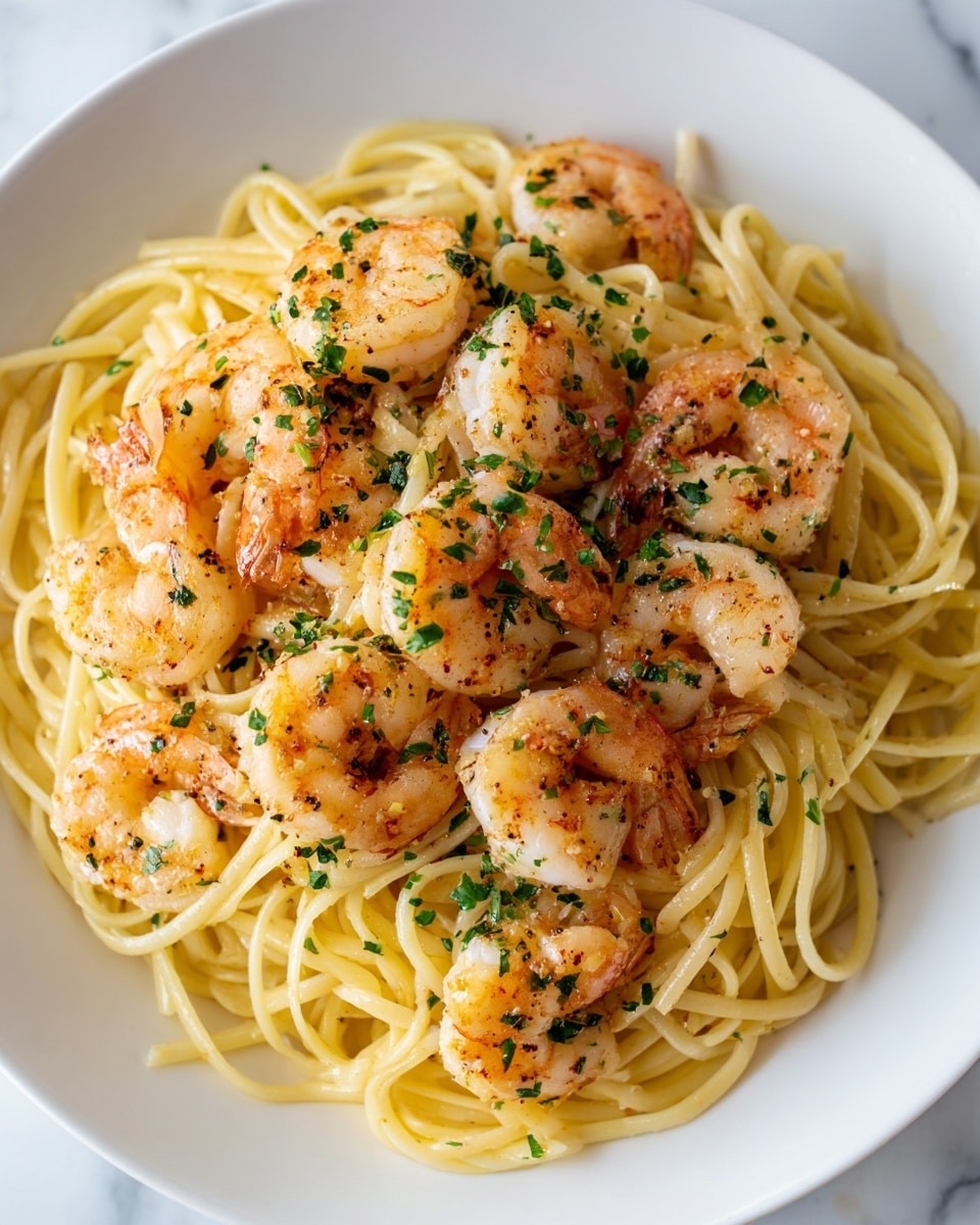 The image shows a close-up of a white plate filled with spaghetti pasta at the bottom layer, which is light yellow and slightly glossy. On top of the pasta, there are several large shrimp, pink-orange with a translucent white edge, sprinkled evenly with chopped green herbs and black pepper. The shrimp have a shiny, slightly oily texture, and the herbs add a speckled dark green contrast on their surface. The plate is placed on a white marbled texture background. photo taken with an iphone --ar 4:5 --v 7