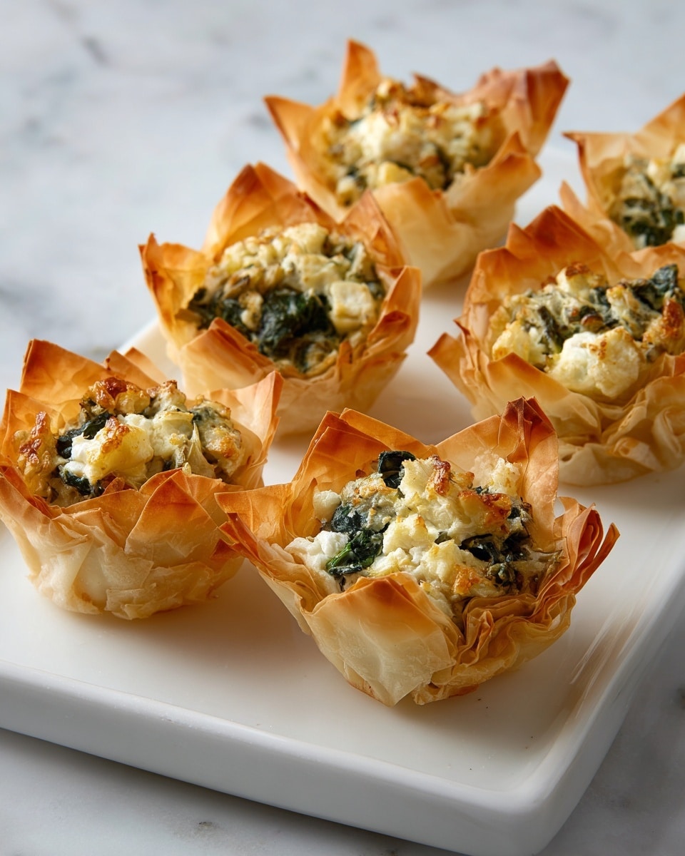 Six mini tartlets are shown on a white rectangular plate set on a white marbled textured surface. Each tartlet has a golden-brown, crispy, flaky phyllo dough shell with multiple thin layers that rise up in irregular shapes around the edges. Inside, the filling is a mix of green spinach and artichoke pieces combined with creamy white cheese, slightly browned on top, giving a textured, crumbly look. The tartlets are arranged with four in the background slightly out of focus and two in the front sharply visible, showing the detailed layers and texture of both the shell and filling. Photo taken with an iphone --ar 4:5 --v 7