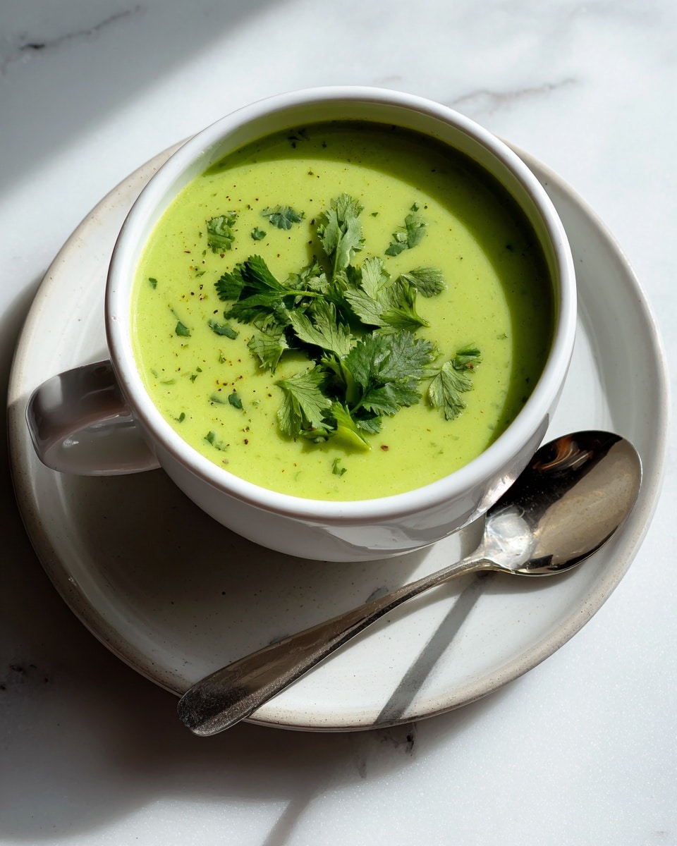 A close-up of a white bowl filled with bright green sauce or soup that has a smooth texture with some small specks, topped with fresh green cilantro leaves in the center. The bowl sits on a white plate with soft shadows, placed on a white marbled textured surface with blurred green leaves in the background. The green sauce looks creamy and fresh with a slightly shiny surface. photo taken with an iphone --ar 4:5 --v 7