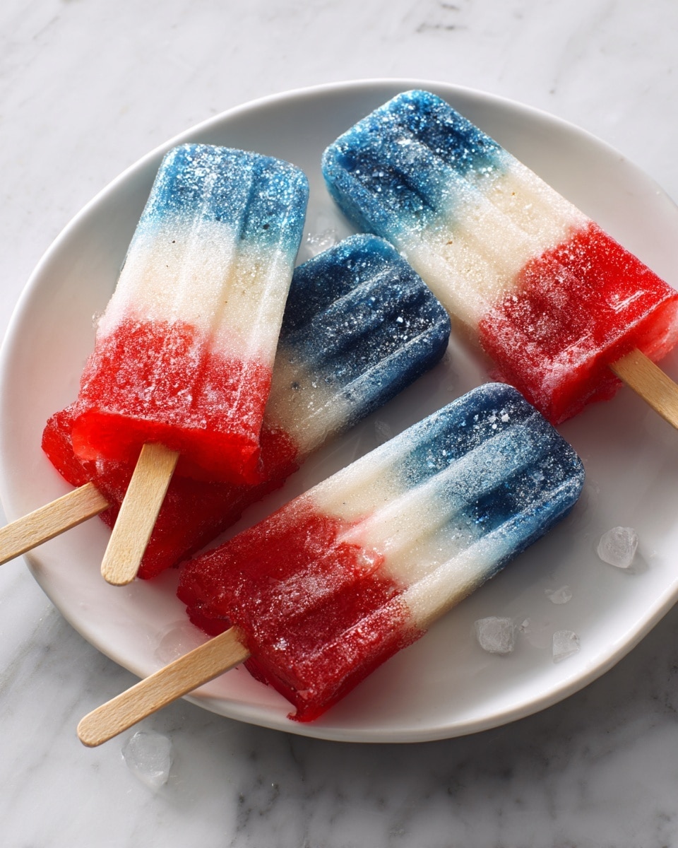 Four popsicles lie on a white plate, each popsicle featuring three distinct horizontal layers: the top layer is blue with a slightly frosty texture, the middle layer is smooth and white, and the bottom layer is bright red with a sugary coating. Each popsicle has a light wooden stick protruding from the red end. The plate is set on a white marbled texture surface, and soft natural light highlights the sparkling frost on the popsicles. photo taken with an iphone --ar 4:5 --v 7
