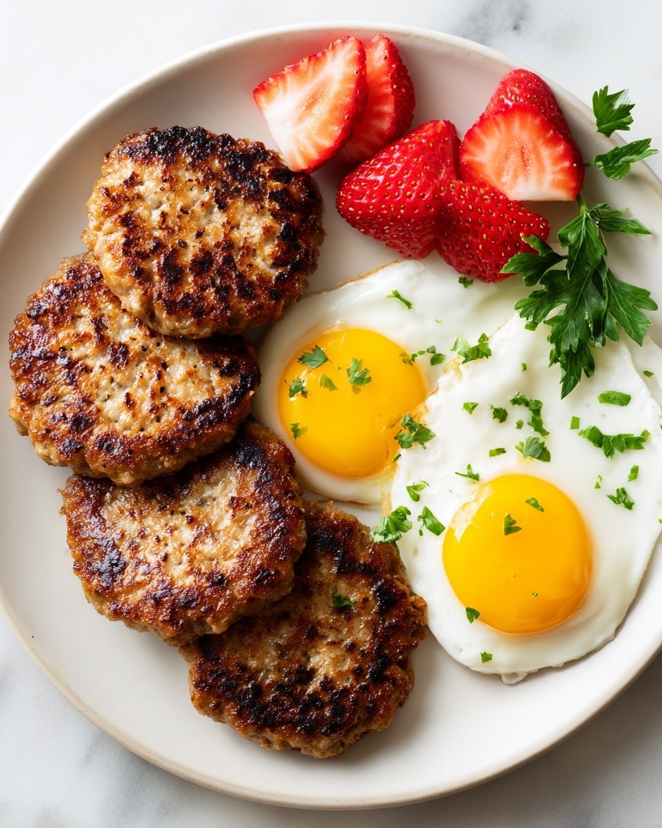 The image shows a white plate on a white marbled surface with a breakfast dish consisting of three layers of golden-brown sausage patties stacked slightly on the left side, a bright yellow sunny-side-up fried egg with a white cooked edge sprinkled with black pepper on the right side, and a small bunch of fresh green parsley leaves placed on the egg. Behind the sausage patties, there are several pieces of halved red strawberries with their juicy texture visible, adding a colorful contrast to the dish. The food is neatly arranged to show each item clearly. photo taken with an iphone --ar 4:5 --v 7