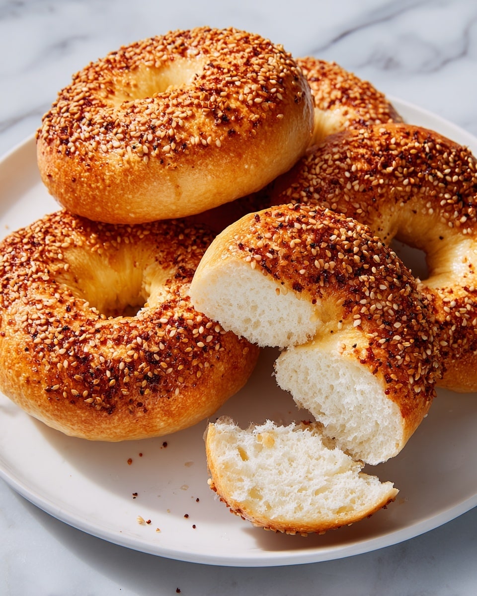 A white plate holds four bagels stacked closely together on a white marbled surface. The bagels have a golden-brown color with a rough texture covered in sesame seeds and small bits of seasoning. The bagel in front is torn in half, showing a soft, fluffy inside with a pale cream color. The lighting highlights the slight shine on the bagel crust, making it look fresh and inviting. Photo taken with an iphone --ar 4:5 --v 7