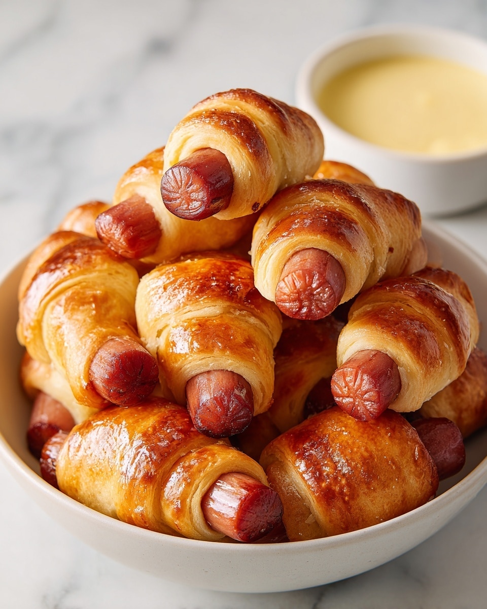 The image shows a close-up view of several golden-brown puff pastry wrapped sausages arranged in a white bowl on a white marbled surface. Each sausage is tightly wrapped with a shiny, flaky, and slightly crisp puff pastry layer that has a warm, toasted color. The sausages peek out from one end with a reddish-brown color and a smooth texture. The bowl is filled with the pastries, slightly overlapping each other. In the background, there is a small white bowl containing a creamy light orange dipping sauce. Photo taken with an iphone --ar 4:5 --v 7