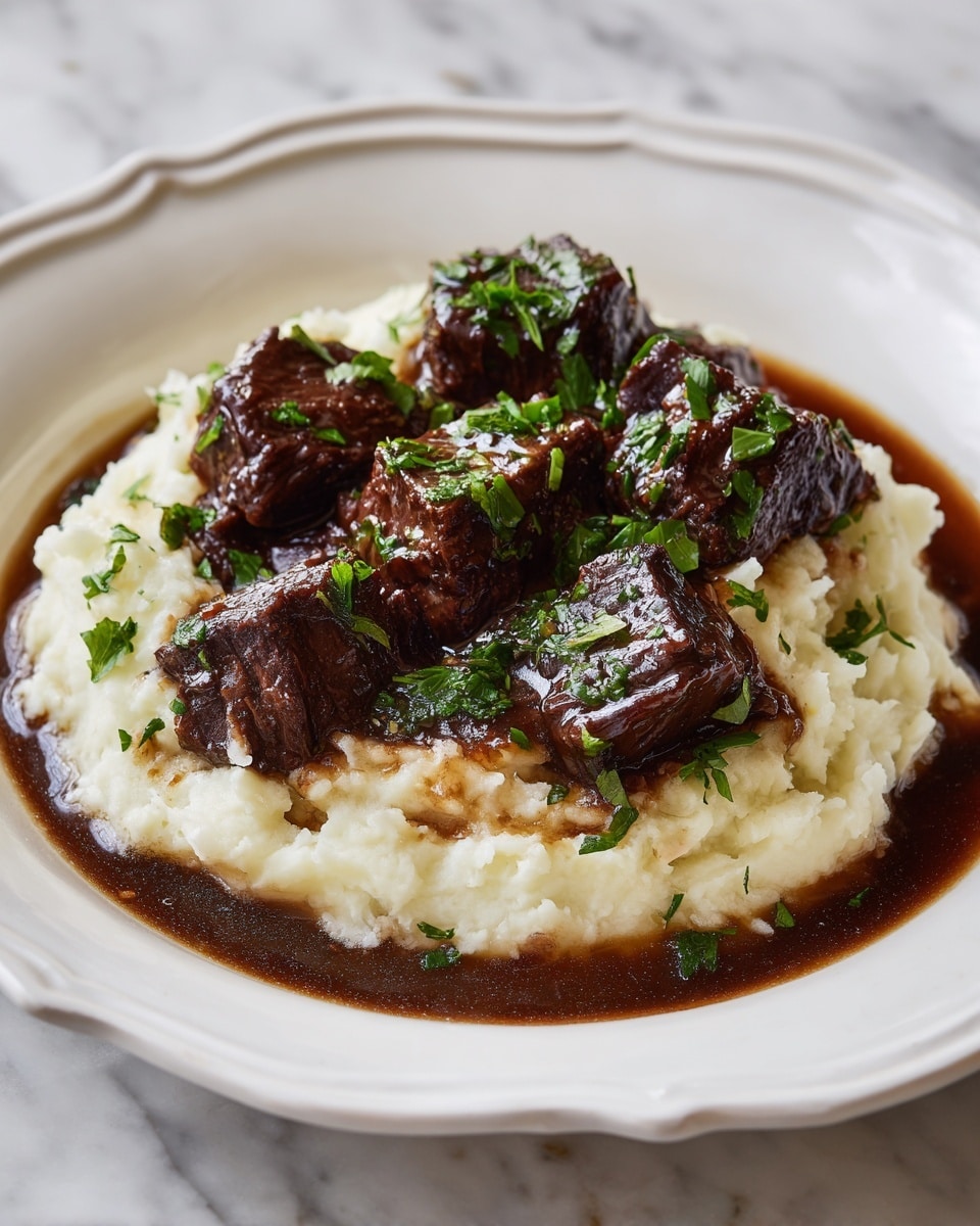 A white scalloped plate holds a dish with two main layers. The bottom layer is smooth and creamy mashed potatoes, off-white in color with a soft, slightly textured surface. On top, there are three thick pieces of dark brown braised meat, coated generously with a shiny, rich, dark brown sauce that pools slightly onto the mashed potatoes. The meat is sprinkled with small green herb flakes, adding a fresh contrast to the deep tones of the sauce. The plate rests on a white marbled texture, and blurred green leaves are visible in the background. Photo taken with an iphone --ar 4:5 --v 7