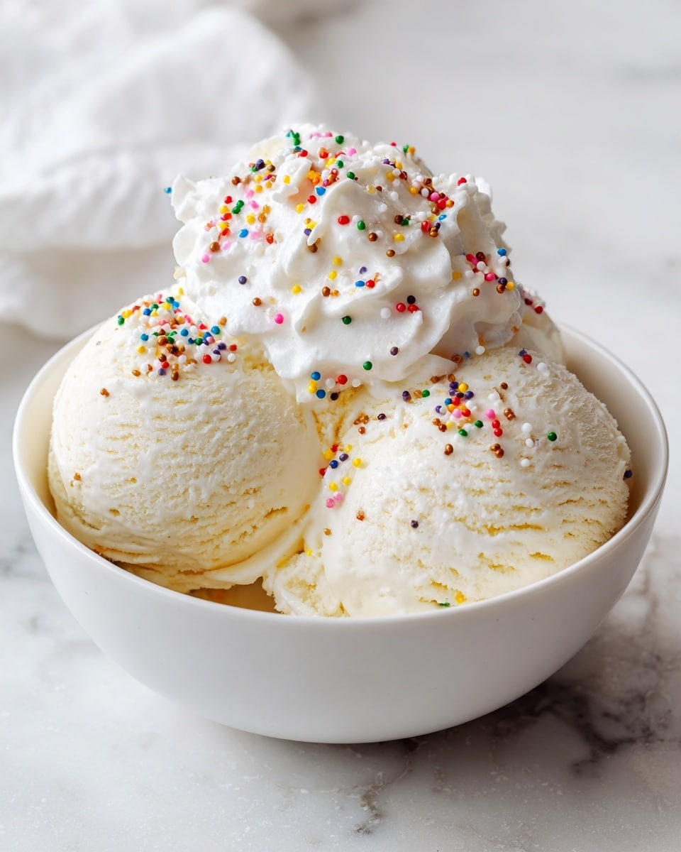 A white bowl filled with three smooth scoops of creamy white vanilla ice cream stacked neatly inside. On top is a layer of shiny white whipped cream, decorated with small colorful round sprinkles that add a touch of bright pink, blue, and brown. The bowl sits on a white marbled surface, and the close-up shot shows the soft texture of the ice cream and the fluffy whipped cream clearly. Photo taken with an iphone --ar 4:5 --v 7