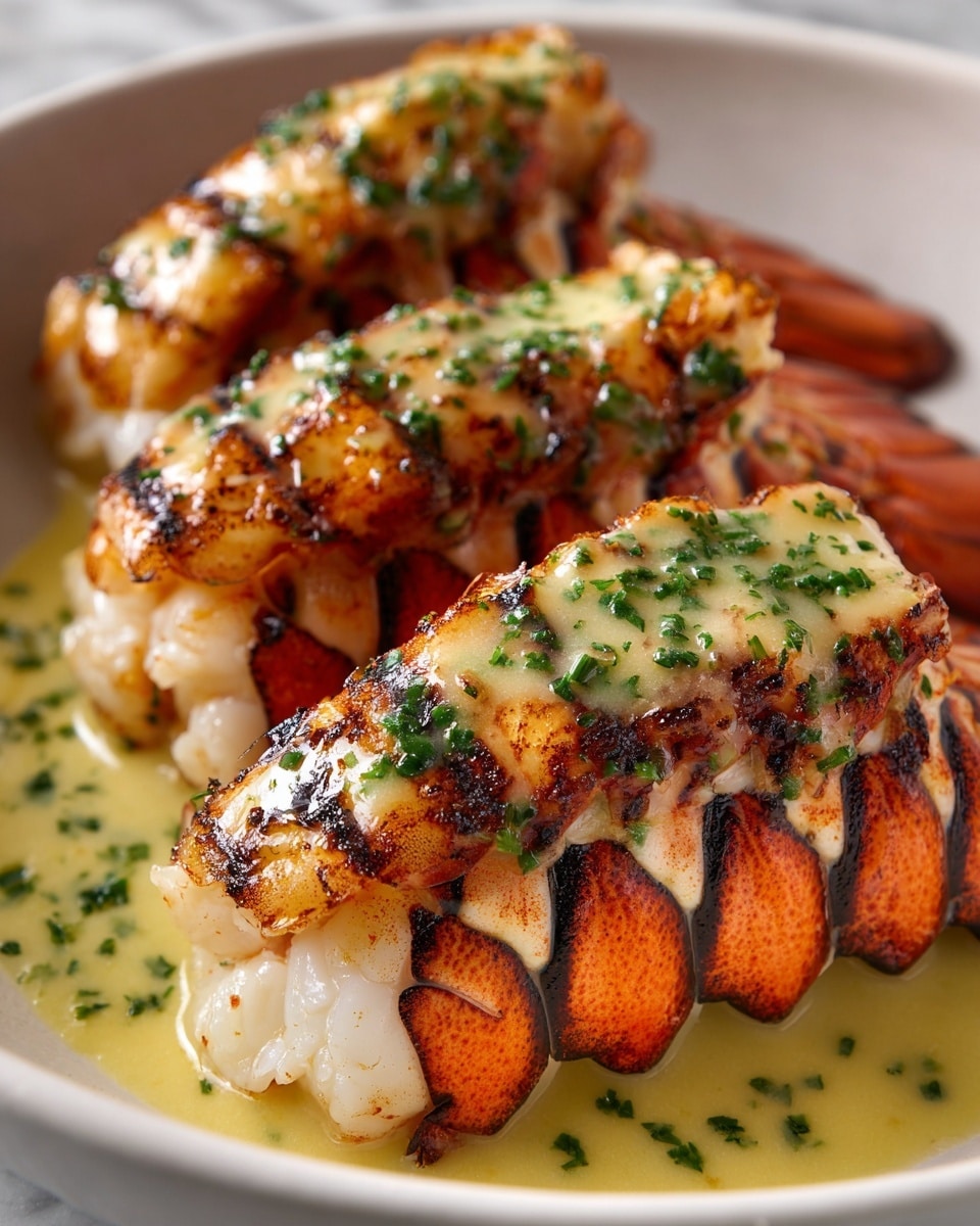 Four grilled lobster tails in a white shallow bowl, each lobster tail showing alternating bands of bright orange shell with black grill marks and white tender meat underneath. On top and around the lobster tails is a smooth and creamy light yellow sauce speckled with small bright green chopped herbs. The sauce lightly pools at the bottom of the bowl, adding a glossy texture and contrast to the grilled lobster. The lobster tails are arranged close together, filling the bowl, with an inviting shine and fresh look. Photo taken with an iphone --ar 4:5 --v 7