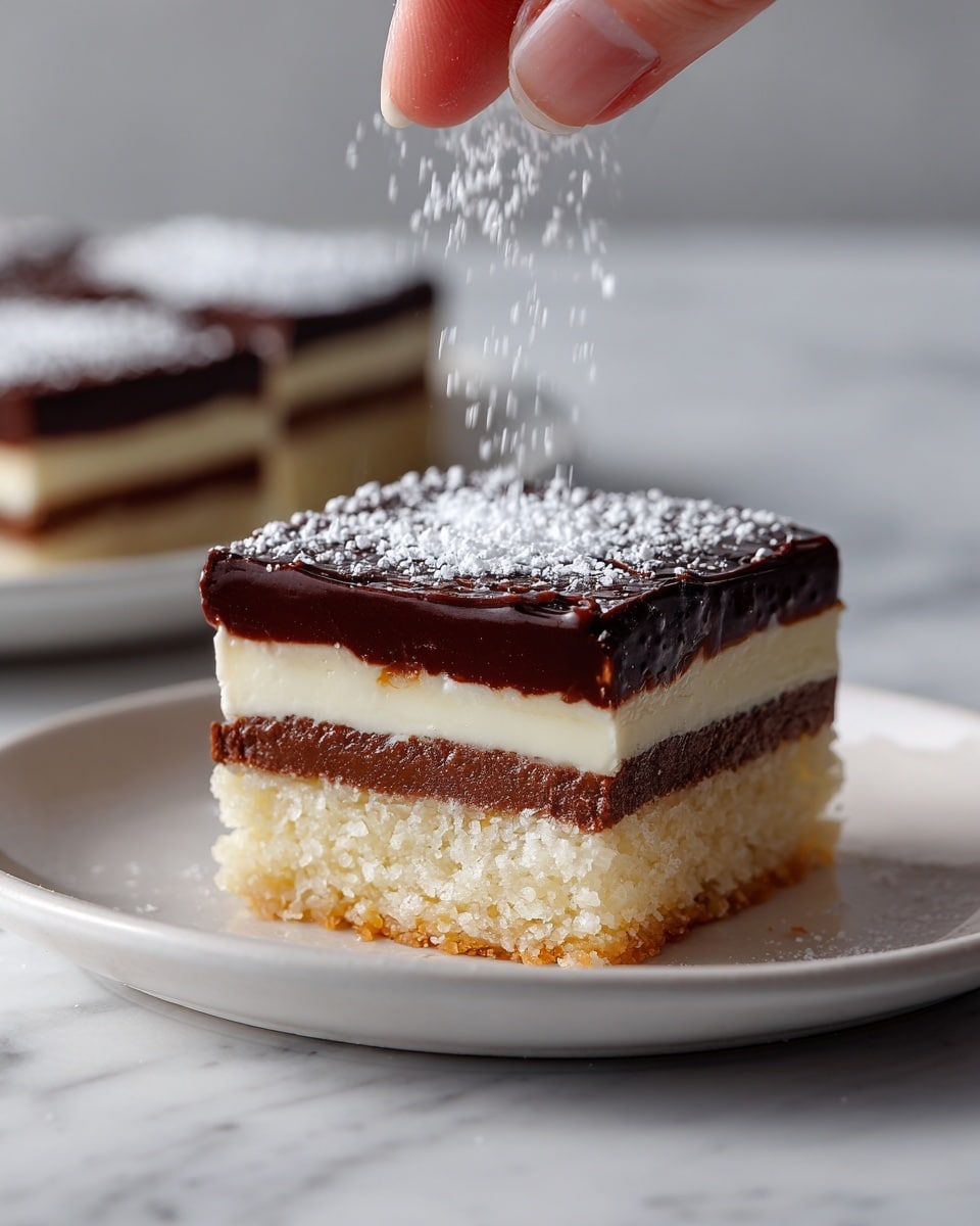 A close-up of a square dessert with four distinct layers on a white plate sitting on a white marbled surface: the bottom layer is a crumbly golden brown crust; above it is a thick, creamy white layer; next is a thinner, glossy dark chocolate layer; and the top layer is a smooth, shiny dark chocolate ganache sprinkled with white powdered sugar. A woman's hand is seen softly sprinkling the powdered sugar over the dessert in the background. Photo taken with an iphone --ar 4:5 --v 7