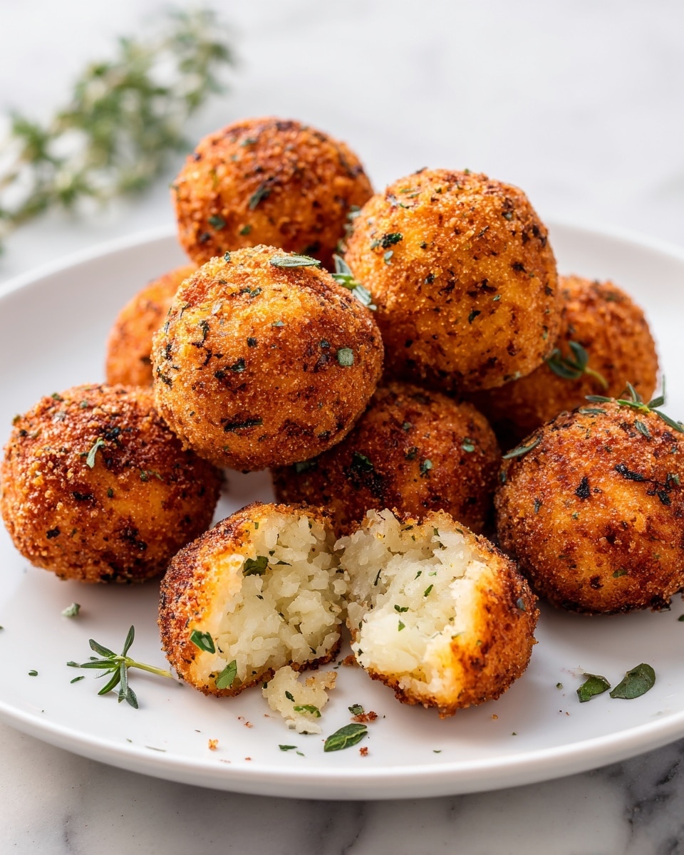 A white plate holds about nine golden-brown arancini balls, each with a crispy outer layer that is speckled with tiny green herbs. The balls are round and slightly rough in texture, showing the rice grains closely packed together beneath their crunchy surface. One ball is slightly broken, revealing the soft, white, and moist inner rice filling mixed with herbs. Small green herb pieces are scattered around the plate, adding a fresh touch. The plate rests on a white marbled texture surface. photo taken with an iphone --ar 4:5 --v 7