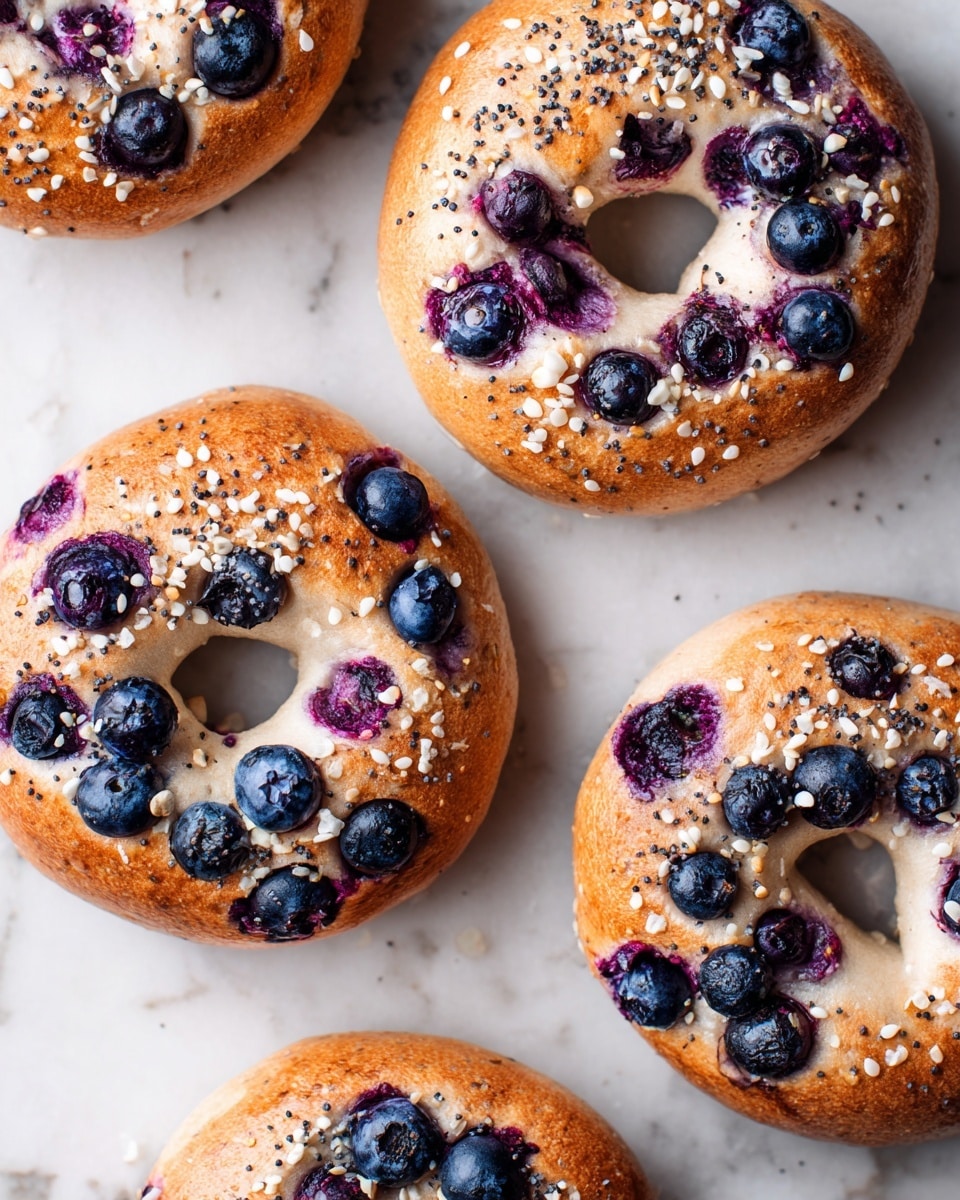 Four round bagels with a light brown, smooth baked crust are displayed on a white marbled surface. Each bagel has a ring of whole blueberries embedded evenly on the top, with some blueberries slightly sinking into the dough and creating a purple hue around them. Scattered white sesame seeds and smaller dark poppy seeds decorate the spaces between the blueberries, adding texture and contrast. The bagels have a soft, slightly shiny appearance with small specks visible on the dough. Photo taken with an iphone --ar 4:5 --v 7