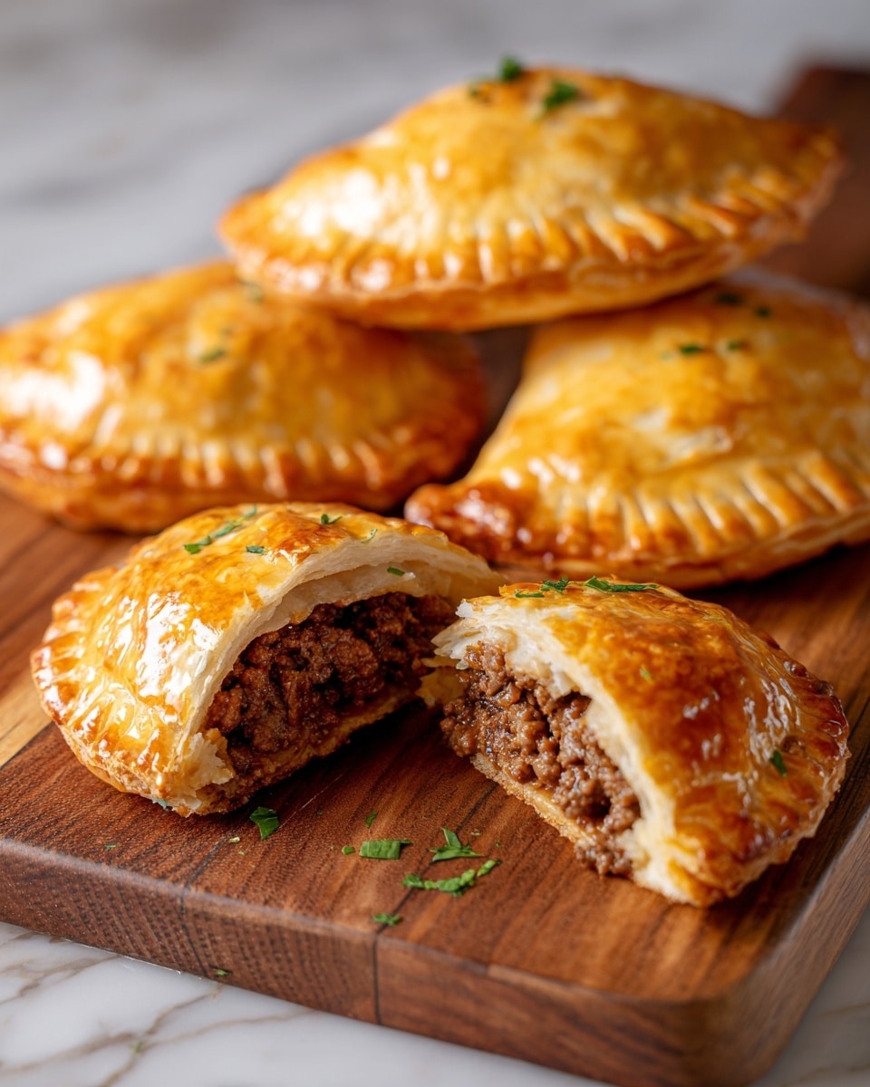 The image shows four golden brown meat pies arranged on a wooden board with some small green herb pieces scattered around. One meat pie is cut open to reveal three layers: the top flaky crust is shiny and light brown with visible folds and crimped edges, beneath it sits a juicy, crumbly dark brown ground meat filling, and the bottom layer is a thin, slightly crispy crust holding the filling. The whole scene has a warm, inviting look with soft light highlighting the textures of the flaky crust and savory meat inside, set against a blurred dark background. Photo taken with an iphone --ar 4:5 --v 7