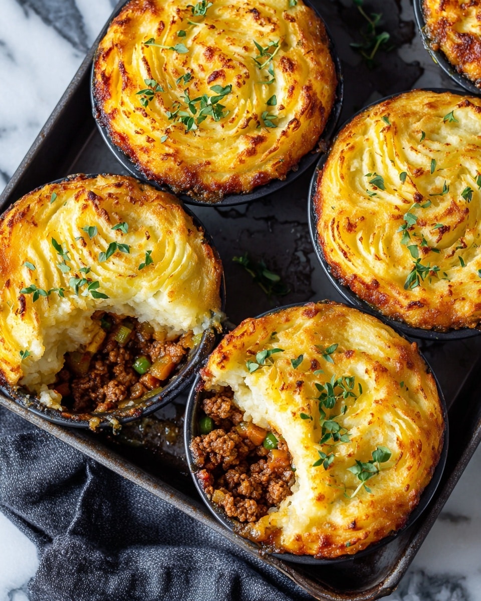 The image shows four small shepherd’s pies in dark baking tins placed closely together. Each pie has two layers: the bottom layer is a dark brown, crumbly minced meat filling with some green pea pieces, and the top layer is a golden-brown, swirled mashed potato crust with a slightly crispy edge, garnished with small green herb bits. One pie in the front is cut open, revealing the thick meat filling beneath the fluffy potato topping. The background is a white marbled surface with some blurry green foliage in the distance. photo taken with an iphone --ar 4:5 --v 7
