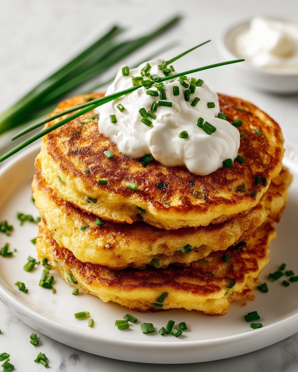A stack of three thick, golden-brown pancakes with small green herb bits is centered on a white speckled plate, each pancake fluffy with a lightly browned, texture-rich surface. On top, a dollop of white creamy sauce is placed, garnished with small chopped green chives and one long chive crossing diagonally. More chopped chives are scattered around the plate, accompanied by whole chive stalks on the right side. The plate sits on a background with a white marbled texture, with the edge of a wooden-handled utensil visible in the top left corner and a soft gray fabric partially shown at the bottom. Photo taken with an iphone --ar 4:5 --v 7
