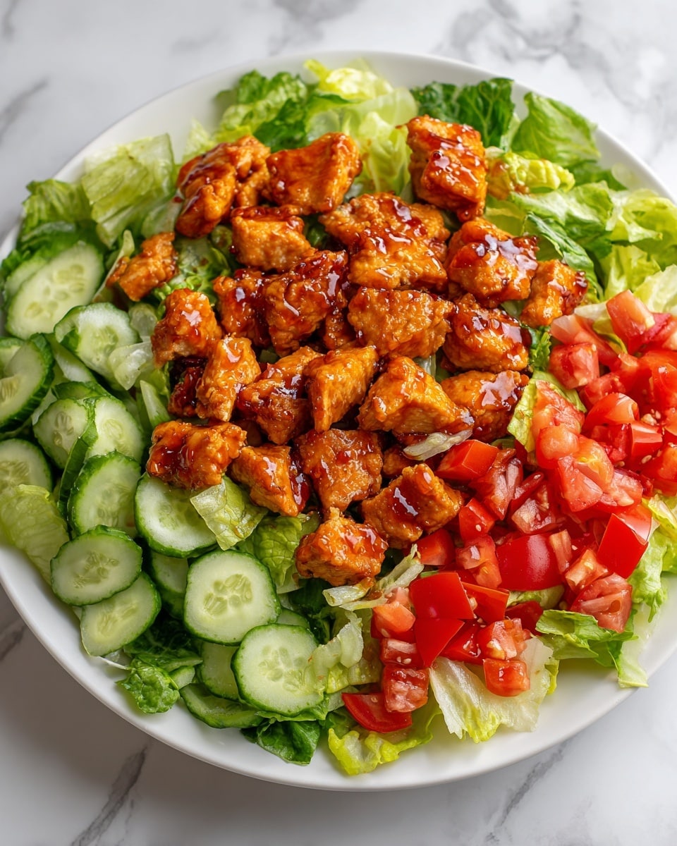 A white plate holds a fresh salad with three main layers: the bottom layer consists of green chopped lettuce, the middle layer has round slices of light green cucumber arranged evenly, and the top layer is covered with small, bright orange chunks of cooked chicken coated in a slightly glossy sauce. The salad looks vibrant and colorful against the white marbled background. Photo taken with an iphone --ar 4:5 --v 7