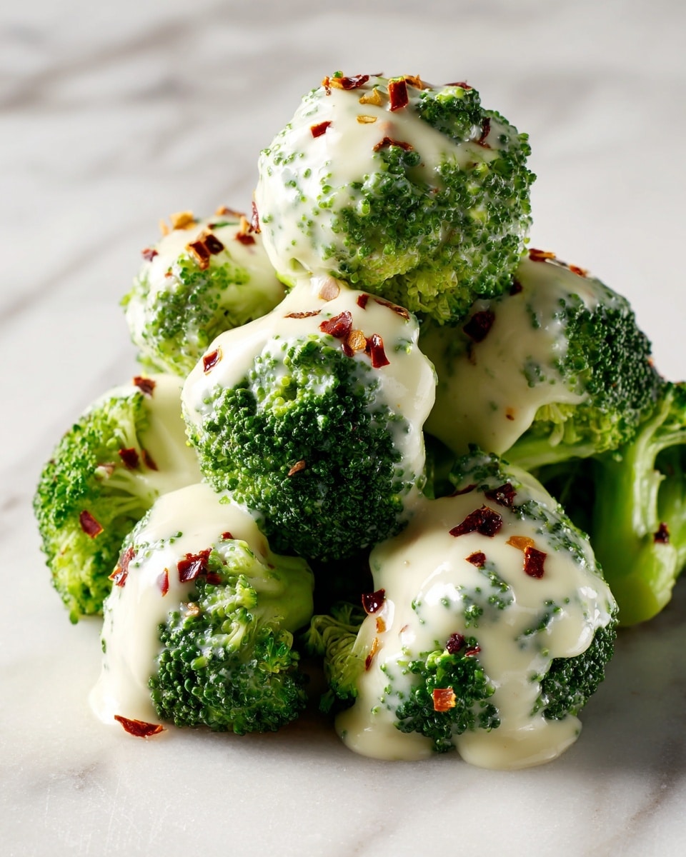 The dish is a close-up view of broccoli and cauliflower florets covered in a thick, creamy white sauce with small red and green specks of seasoning. The broccoli pieces are dark green with a rough texture, while the cauliflower is light cream with a firm look. The sauce is spread unevenly, creating a soft, smooth layer over the vegetables. The vegetables appear fresh and slightly glossy. The plate is white, and the background is a white marbled texture. Photo taken with an iphone --ar 4:5 --v 7